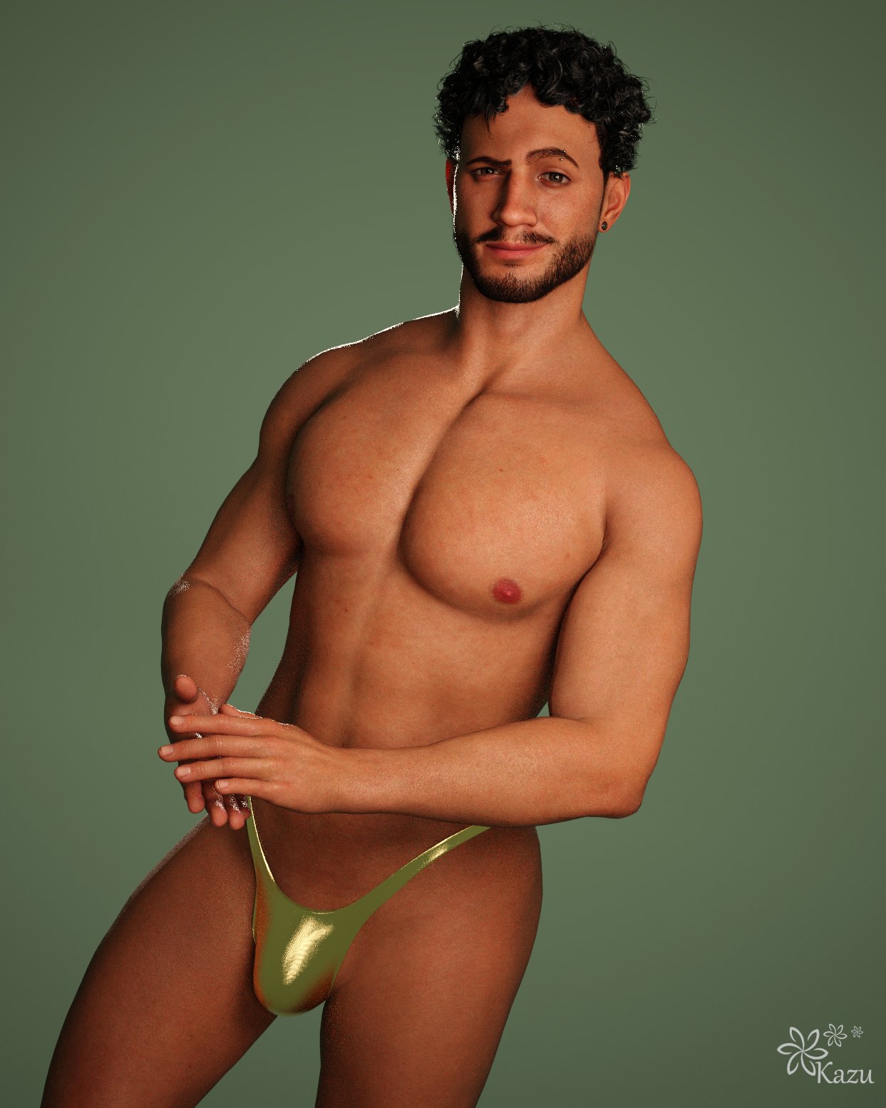 1boy 1human 1male 3d 3d_(artwork) 3d_model black_hair earrings eyebrows green_background green_eyes kazuworks lean_body lean_muscle male male_focus male_only male_solo masculine oc original original_character scantily_clad skimpy_thong solo solo_focus solo_male tan-skinned_male tan_skin thong