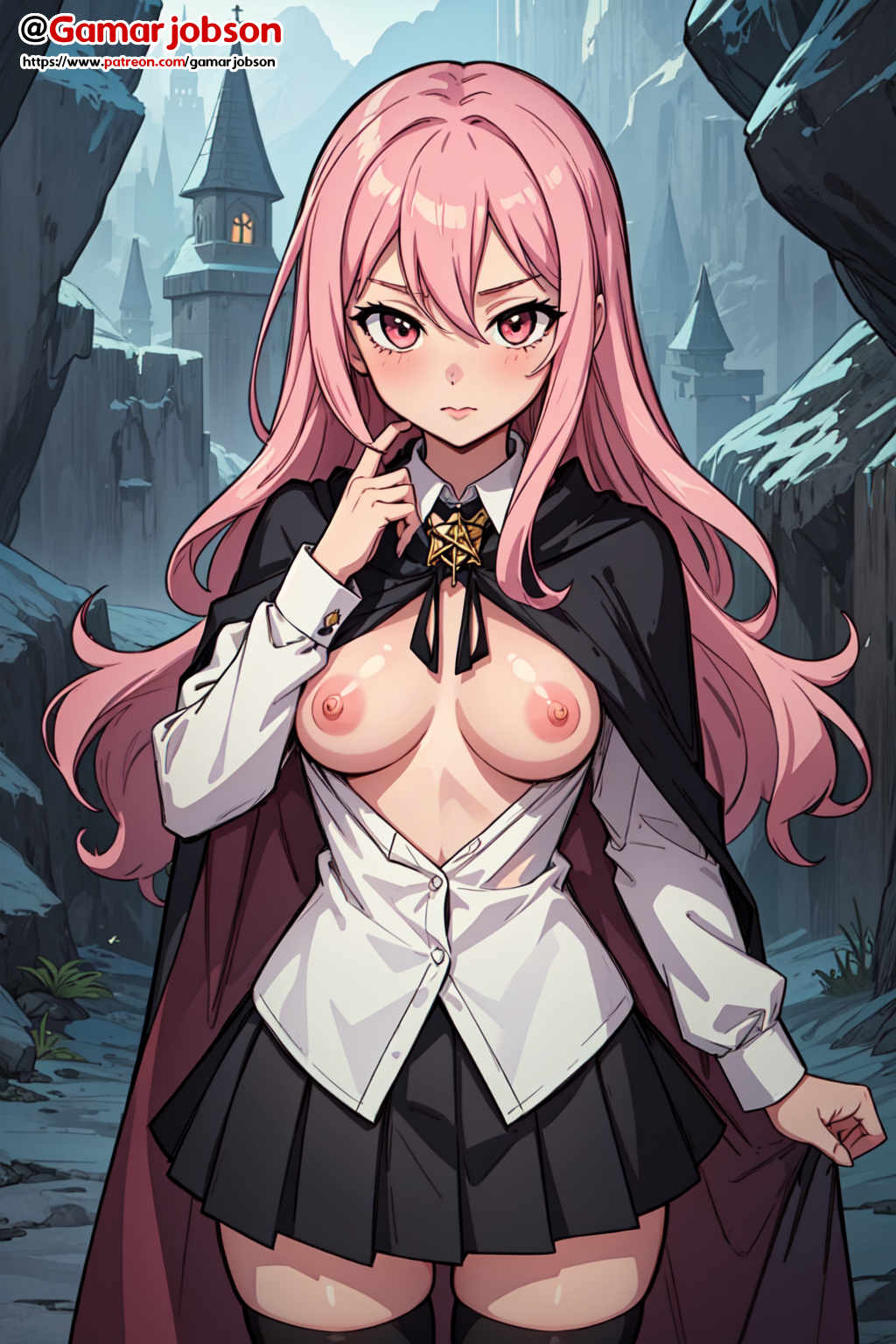 ai_generated blush breasts breasts_out gamarjobson looking_at_viewer louise_francoise_le_blanc_de_la_valliere mage nipples pink_eyes pink_hair stockings zero_no_tsukaima