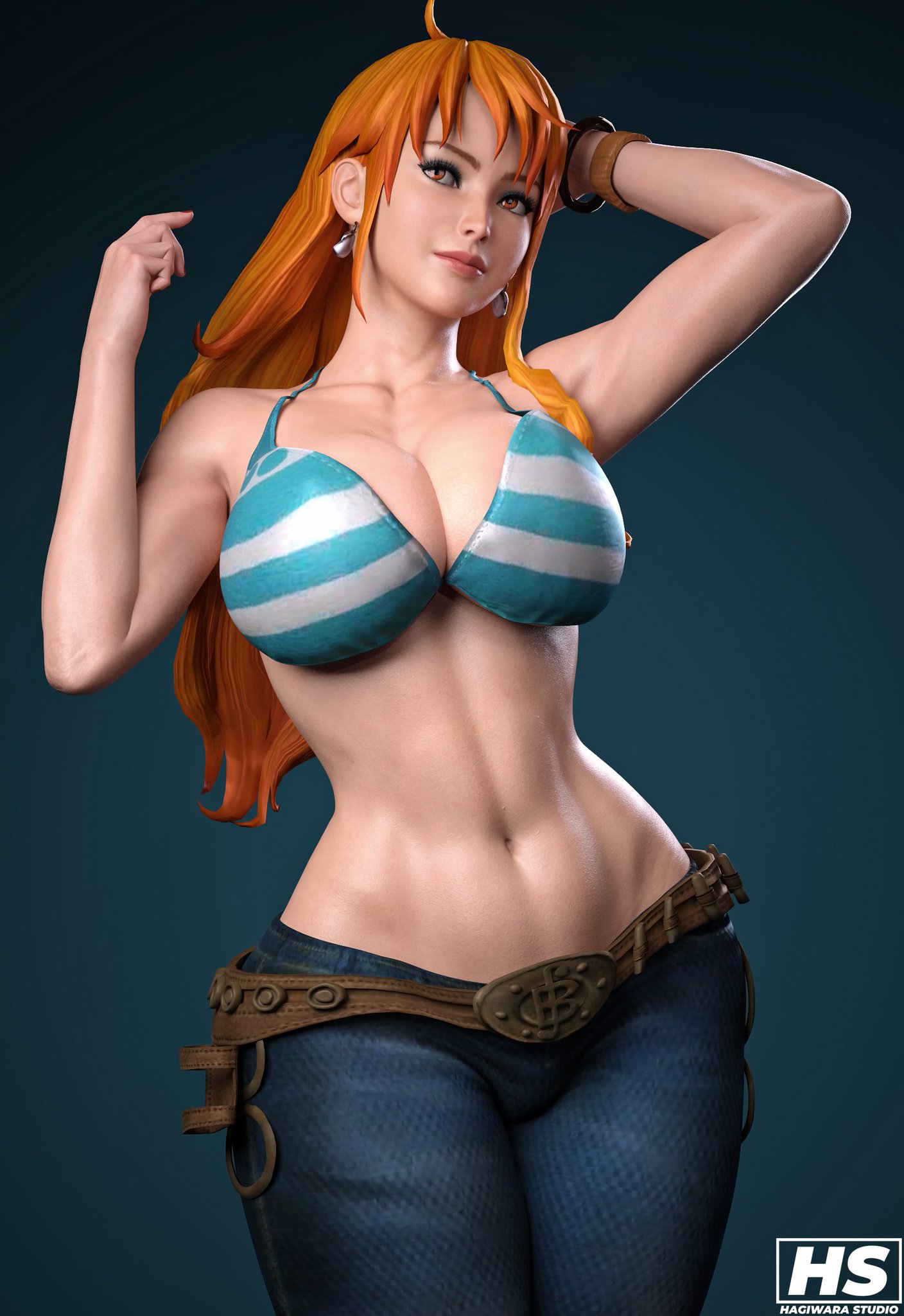 1girls, 2024, 3d, anime, armpits, artist logo, artist signature, ass, bangs, bare belly, bare shoulders, bare stomach, belly, belly button, belt, big ass, big breasts, big butt, bikini, bikini top, boobies, boobs, bra, bracelets, breasts, cleavage, clothed, clothed female, clothing, color, colored, curvy, curvy female, curvy figure, earrings, fanart, female, female only, full color, hagiwara studio, hips, huge breasts, jeans, jewelry, large ass, large breasts, large butt, light skin, light-skinned female, long hair, manga, nami (one piece), one piece, orange eyes, orange hair, pants, pirate, pirate girl, pose, posing, post-timeskip, seductive, smile, sole female, solo, striped bikini, voluptuous, voluptuous female