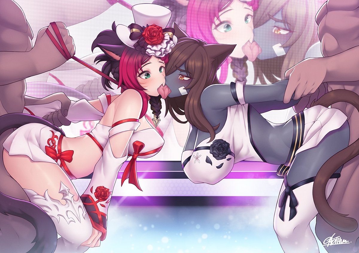 2girls animal_ears cat_ears catgirl final_fantasy_xiv gaothun kissing male marie_makise miqo'te oc