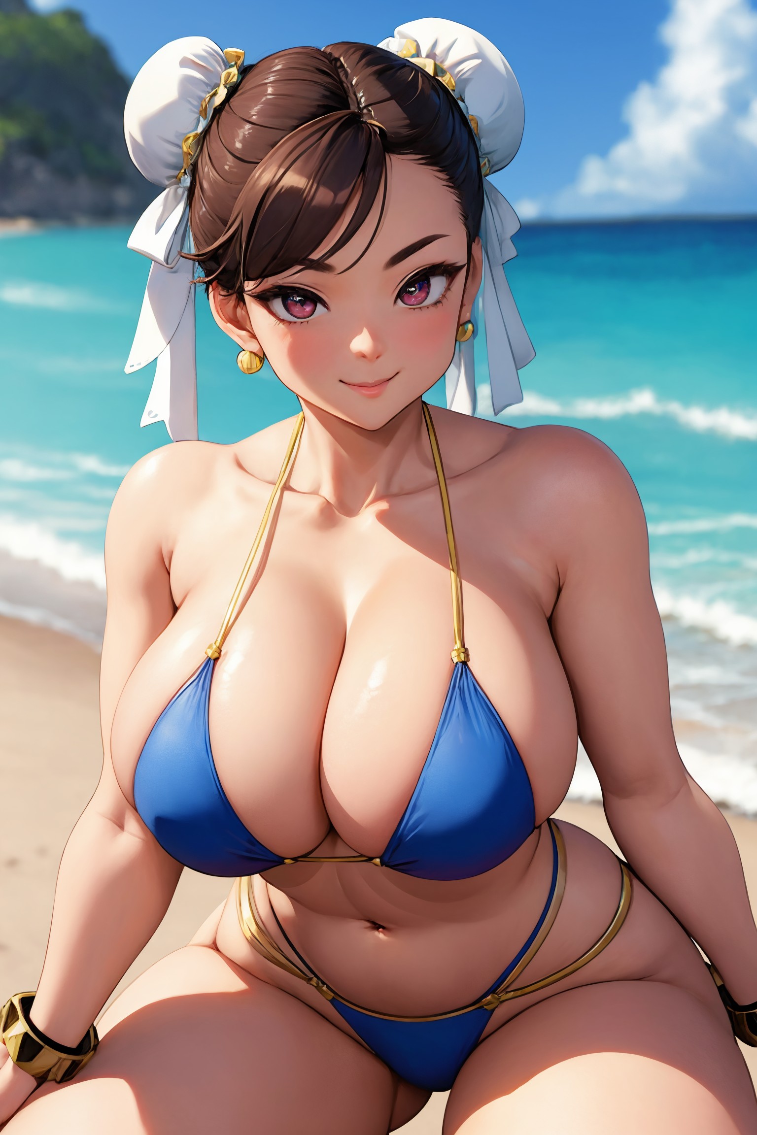 ai generated, beach, bikini, breasts, chun-li, curvy, earrings, female, female only, large breasts, street fighter, street fighter 6, street fighter v