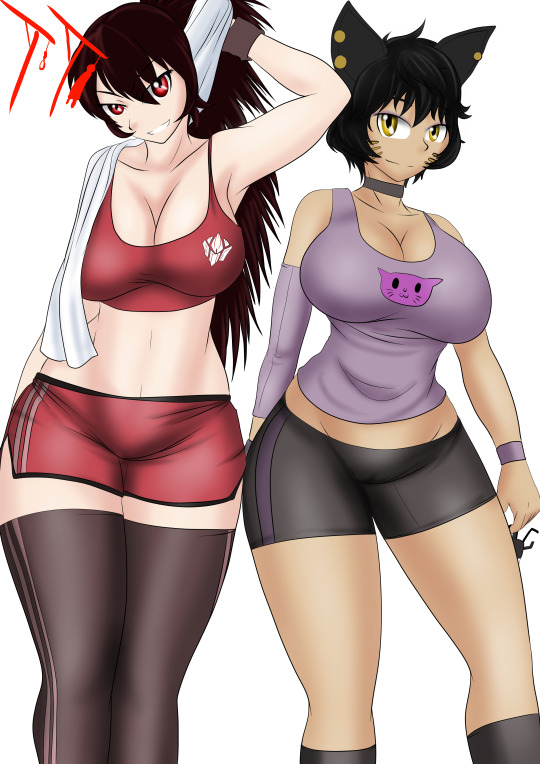 amber_eyes artist_signature big_breasts black_hair breasts cat_ears choker kali_belladonna leggings looking_at_viewer midriff milf piercing raven_branwen red_eyes rooster_teeth rwby shorts socks sports_bra suicidetoto tan_skin tank_top towel viz_media wristband