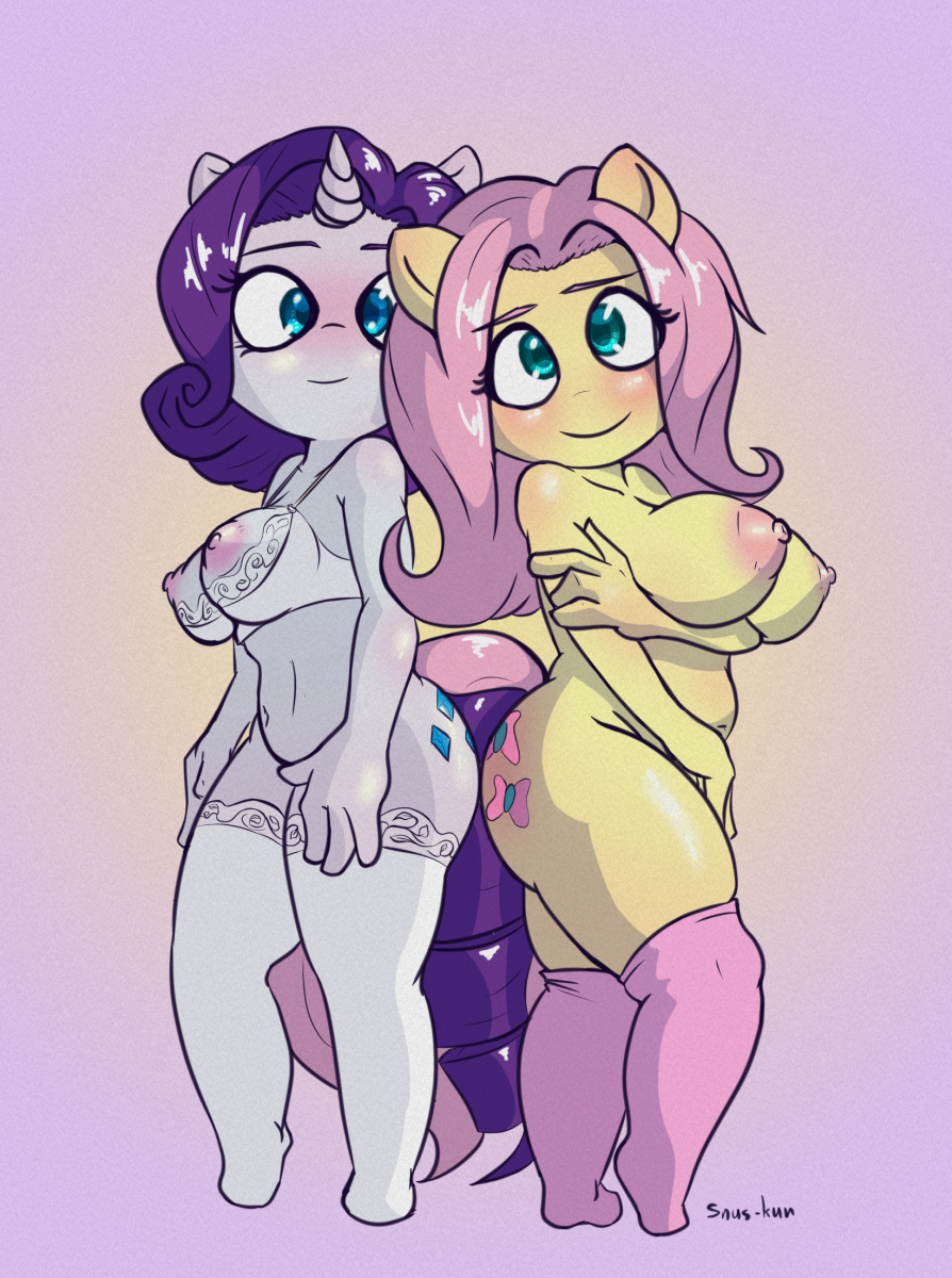 anthro big_breasts blue_eyes breasts cutie_mark duo equid equine female fluttershy_(mlp) friendship_is_magic fur green_eyes hair hasbro mammal my_little_pony nipples pink_body pink_fur pink_hair rarity_(mlp) snus-kun white_body white_fur yellow_body yellow_fur