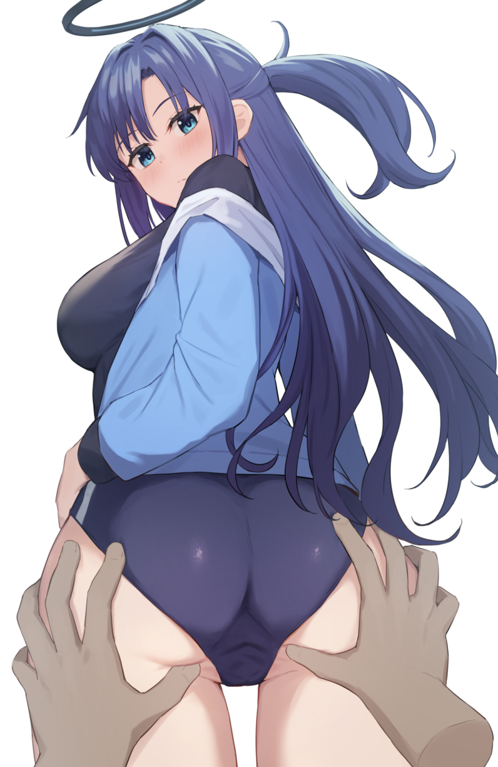 1boy ass ass_grab black_shirt blue_archive blue_buruma blue_jacket blush breasts buruma female from_behind grabbing_another's_ass groping half_updo halo highres jacket kurowan long_hair long_sleeves looking_at_viewer looking_back medium_breasts millennium_science_school_student parted_bangs ponytail purple_eyes purple_hair pussy seminar_(blue_archive) shirt sidelocks simple_background solo_focus spread_pussy spread_pussy_under_clothes standing star_sticker sticker_on_face straight thighs track_jacket yuuka_(blue_archive) yuuka_(gym_uniform)_(blue_archive) yuuka_(track)_(blue_archive)