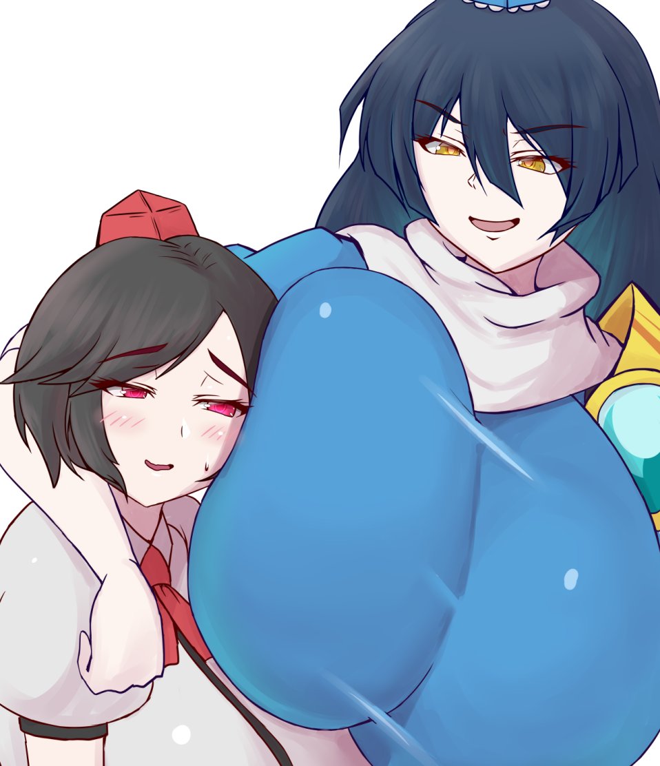 2girls, big breasts, black hair, blue hair, blush, breasts, breasts bigger than head, clothed, clothed female, female, female focus, female only, hat, height difference, huge breasts, hyper breasts, iizunamaru megumu, kahkitimeyear, larger female, light skin, light-skinned female, looking at breasts, looking down, looking down at another, multiple females, multiple girls, sha-pei sahei, shameimaru aya, size difference, smaller female, tengu, touhou, touhou project, video game character, video games, yuri
