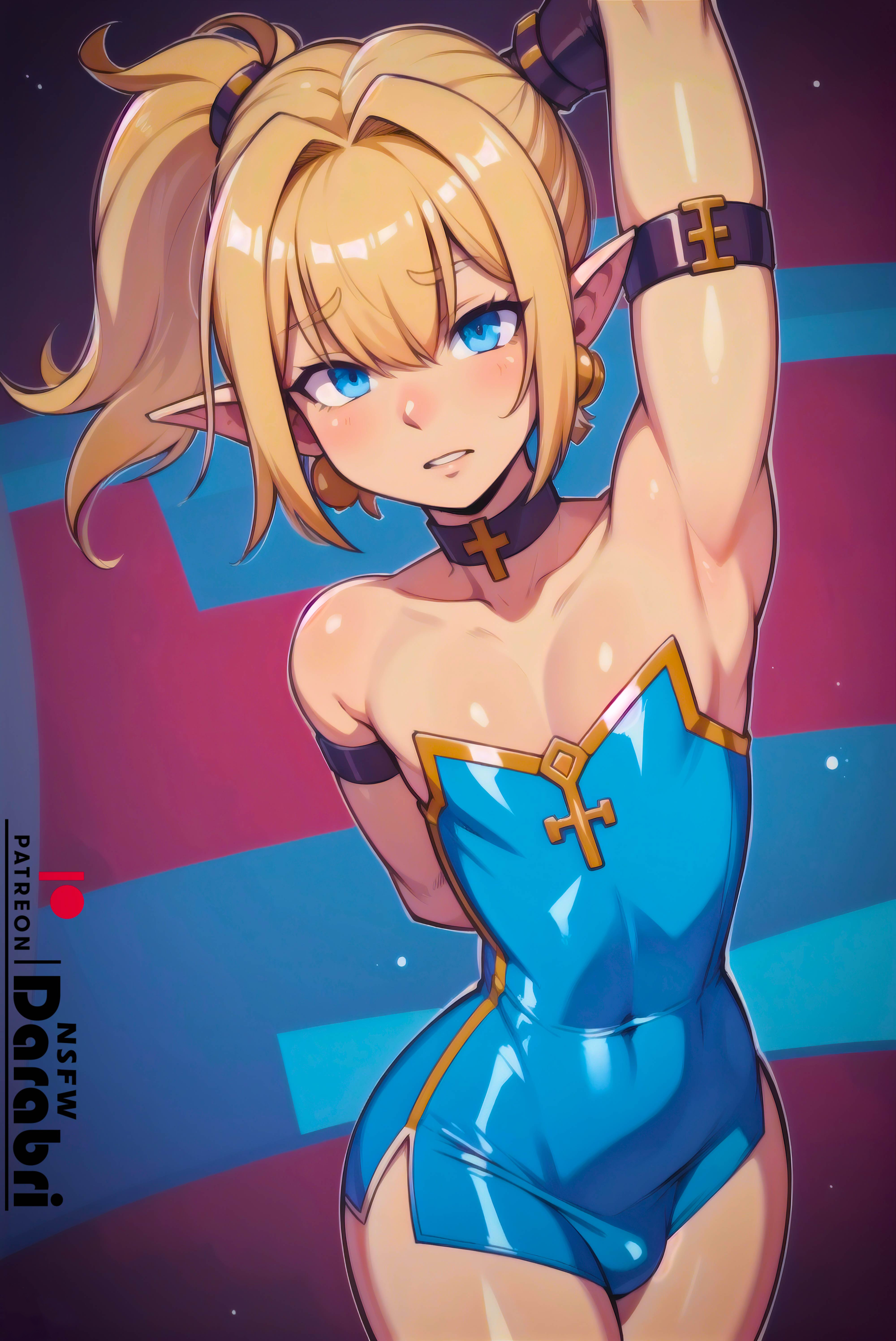 1boy, abstract background, absurd res, ai generated, arm up, armpits, arms up, bangs, bare shoulders, beige skin, blonde hair, blue eyes, blush, bulge, collar, collarbone, colored, cross, cute, cute male, darabri, detailed, dress, elf, elf ears, femboy, feminine male, flat chest, flat chested, flush, flushing, gay, girly, logo, long hair, looking at viewer, male, male only, one arm up, otoko no ko, outlines, patreon, patreon logo, pov, pov eye contact, sleeveless dress, solo, solo focus, space, tight clothing, tight fit, trap, twintails, yaoi