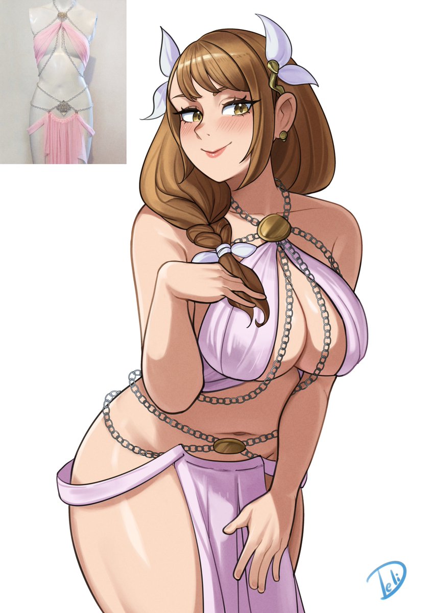 1girls 2024 absurdres alternate_costume artist_name bare_shoulders belly_dancer blush bocas_top braid braided_ponytail breasts brown_eyes brown_hair chain cleavage cowboy_shot dancer dancer_outfit deliciousbra deliciousbrain female female_only fire_emblem fire_emblem_engage goldmary_(fire_emblem) hair_ornament hair_ribbon hand_on_own_chest harem_outfit highres jewelry large_breasts leaning_forward long_hair looking_at_viewer low_ponytail navel nintendo pelvic_curtain reference_image revealing_clothes ribbon signature smile solo stomach thighs watermark white_background white_ribbon yellow_eyes