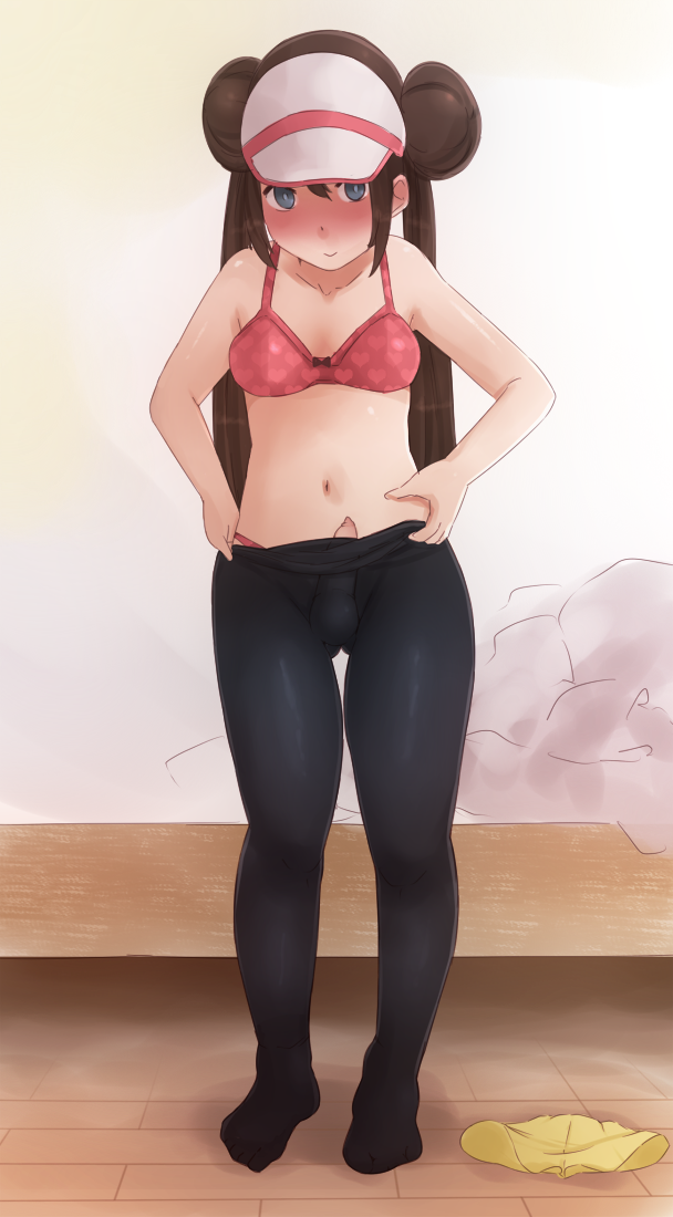 1futa bare_shoulders blue_eyes blush bra brown_hair dickgirl double_bun full-package_futa full-package_futanari futa_only futanari hat human intersex long_hair nintendo panties pantyhose pokemon pokemon_bw2 rosa_(pokemon) smile solo wachiwo