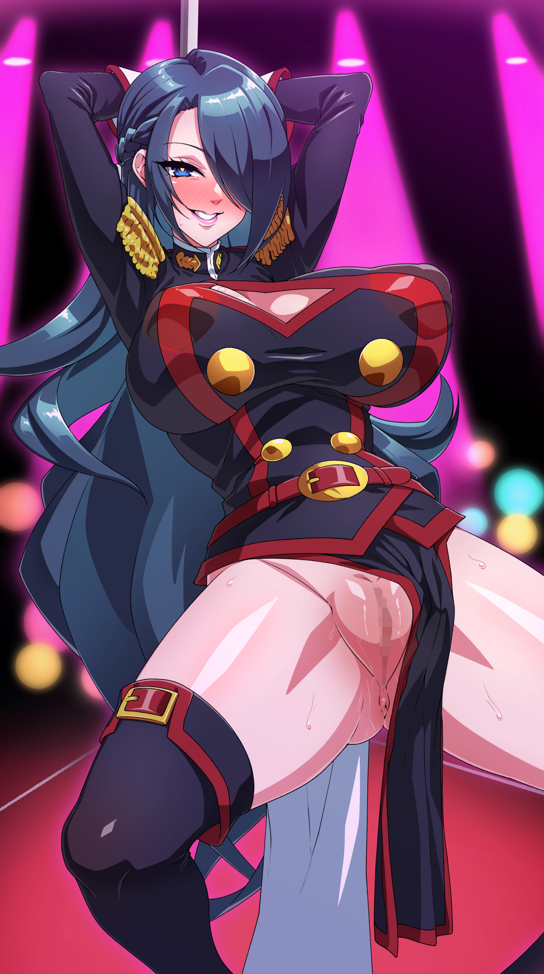 anti-demon corps uniform, anus, azuma fubuki, blue eyes, blue hair, breasts, censored, cleavage, female, hair over one eye, large breasts, long hair, mato seihei no slave, mature female, milf, nitamago0s0284, pelvic curtain, pelvic curtain aside, pole, pole dancing, puffy pussy, pussy