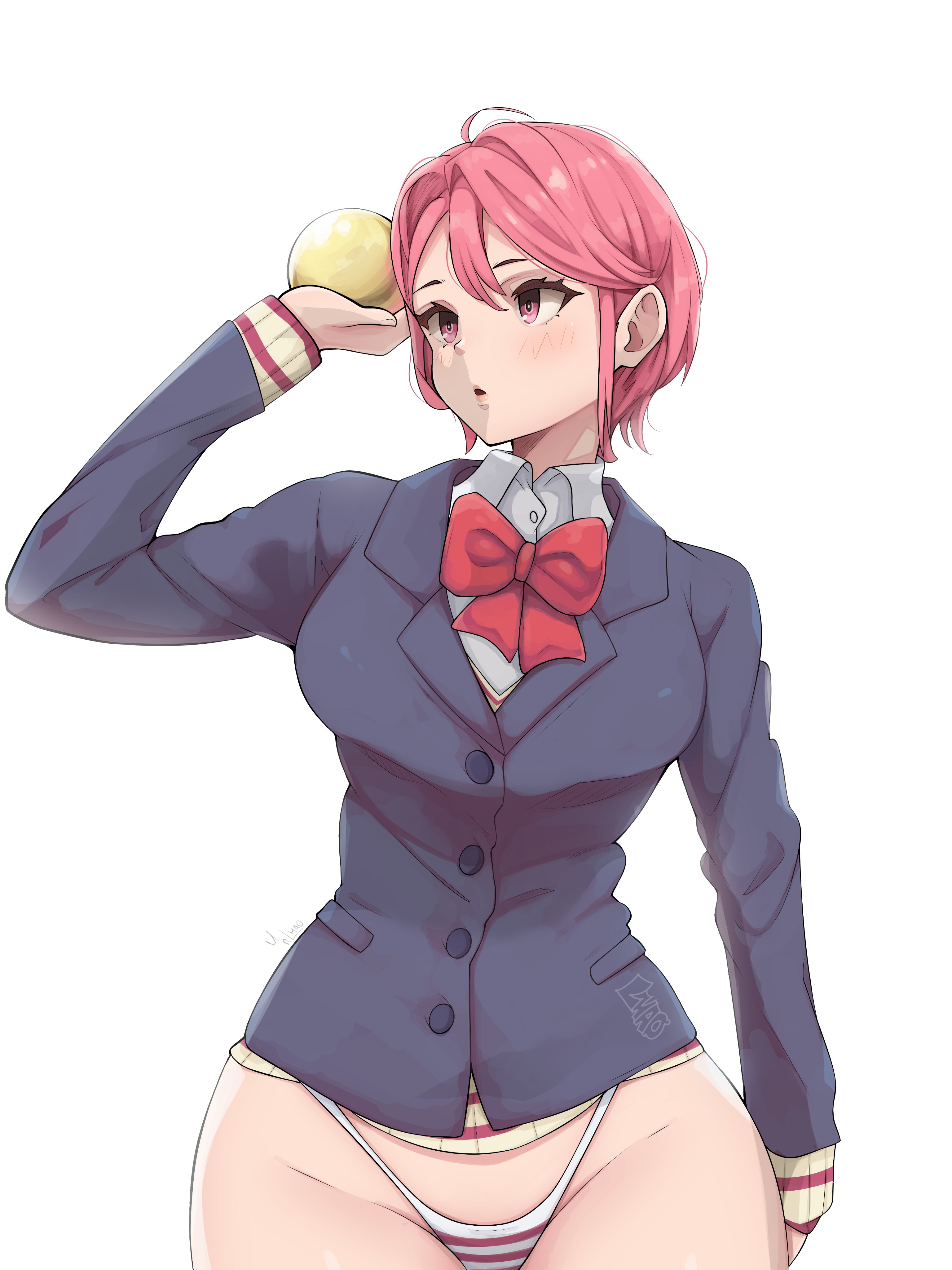 1girls, ass, big ass, big breasts, big butt, big titties, breasts, clothing, curvaceous, curvaceous female, curvaceous figure, curvy, curvy figure, curvy hips, dandadan, female, female focus, female only, misterlmaoo, no pants, no skirt, panties, pink hair, pink-haired female, shiratori aira (dandadan), short hair, thick thighs, thong, underwear, white background, wide hips