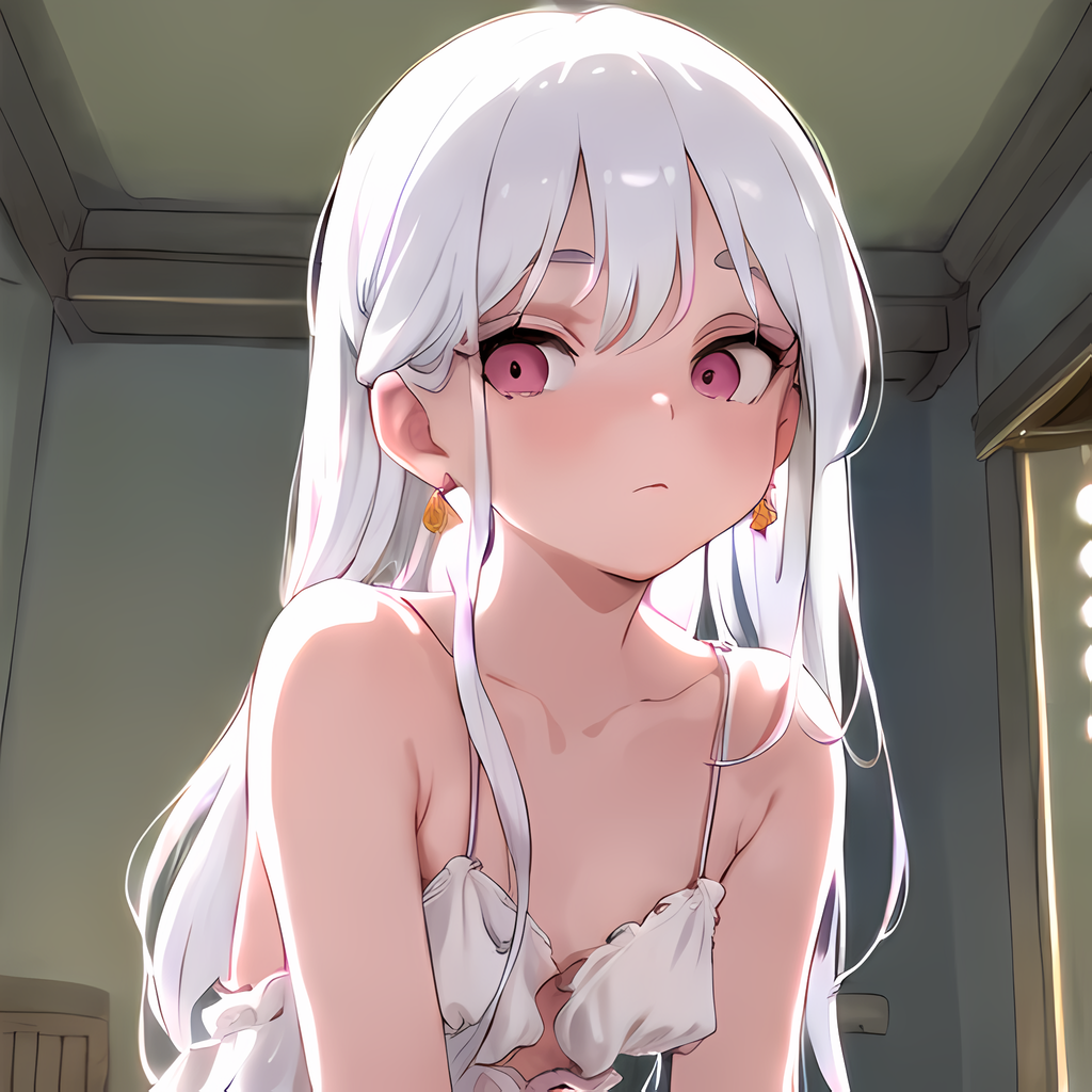 1girls ai_generated bare_shoulders collarbone earrings female looking_at_viewer looking_down loose_clothes loose_clothing pink_eyes small_breasts stable_diffusion white_hair white_topwear