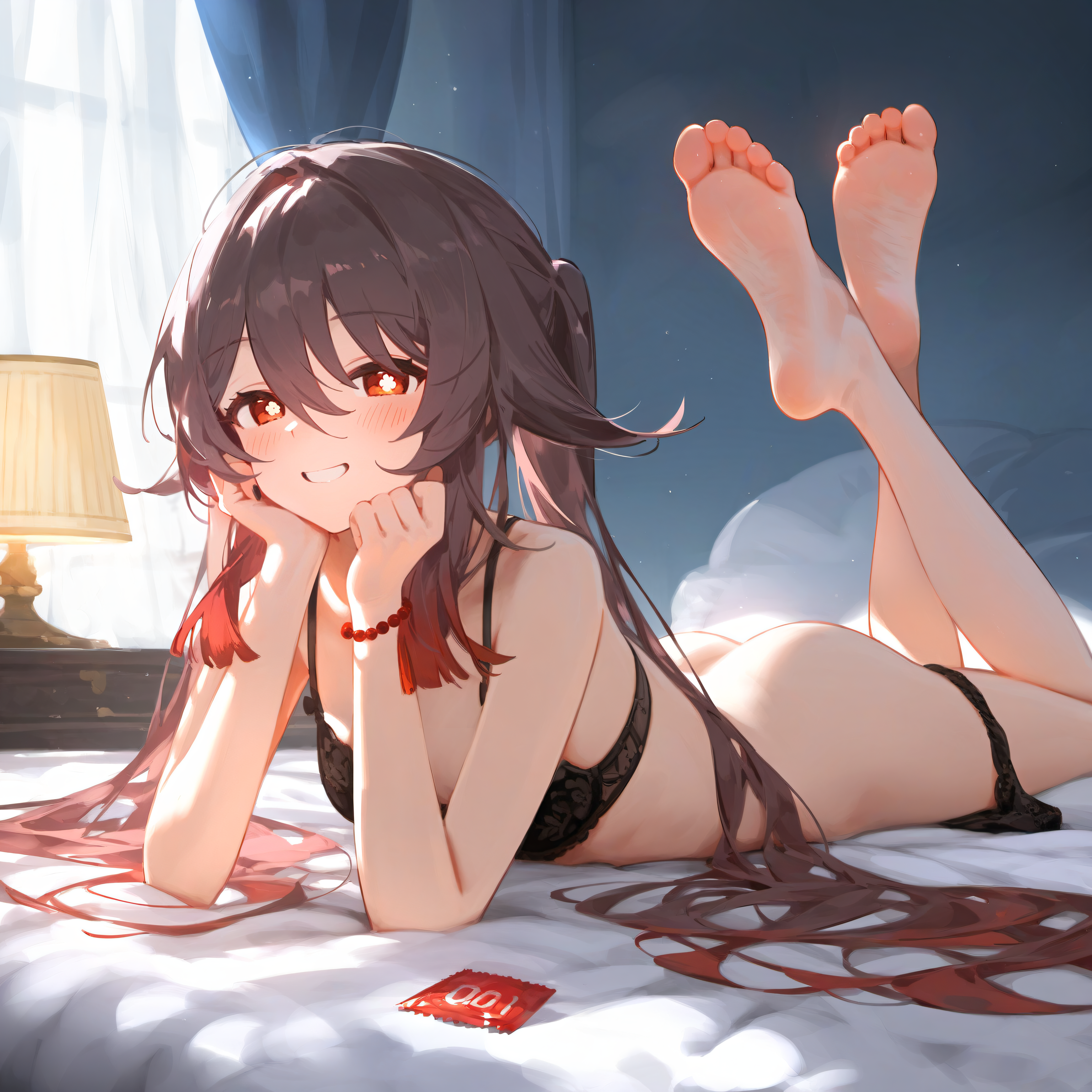 1girls, ai generated, ass, barefoot, bed, black bra, black panties, blush, blush lines, bra, bracelet, breasts, brown hair, collarbone, condom wrapper, curtains, eyebrows, eyebrows visible through hair, eyelashes, feet, feet up, female, genshin impact, grin, hair, hair between eyes, happy, happy female, hips, hu tao (genshin impact), indoors, lamp, legs, light skin, light-skinned female, lingerie, long hair, looking at viewer, lying, on bed, on stomach, panties, panties around one leg, panties down, raised eyebrows, red eyes, red hair, slim, smile, smiling at viewer, soles, solo, stable diffusion, sunlight, symbol-shaped pupils, tied hair, toes, twintails, underwear, window
