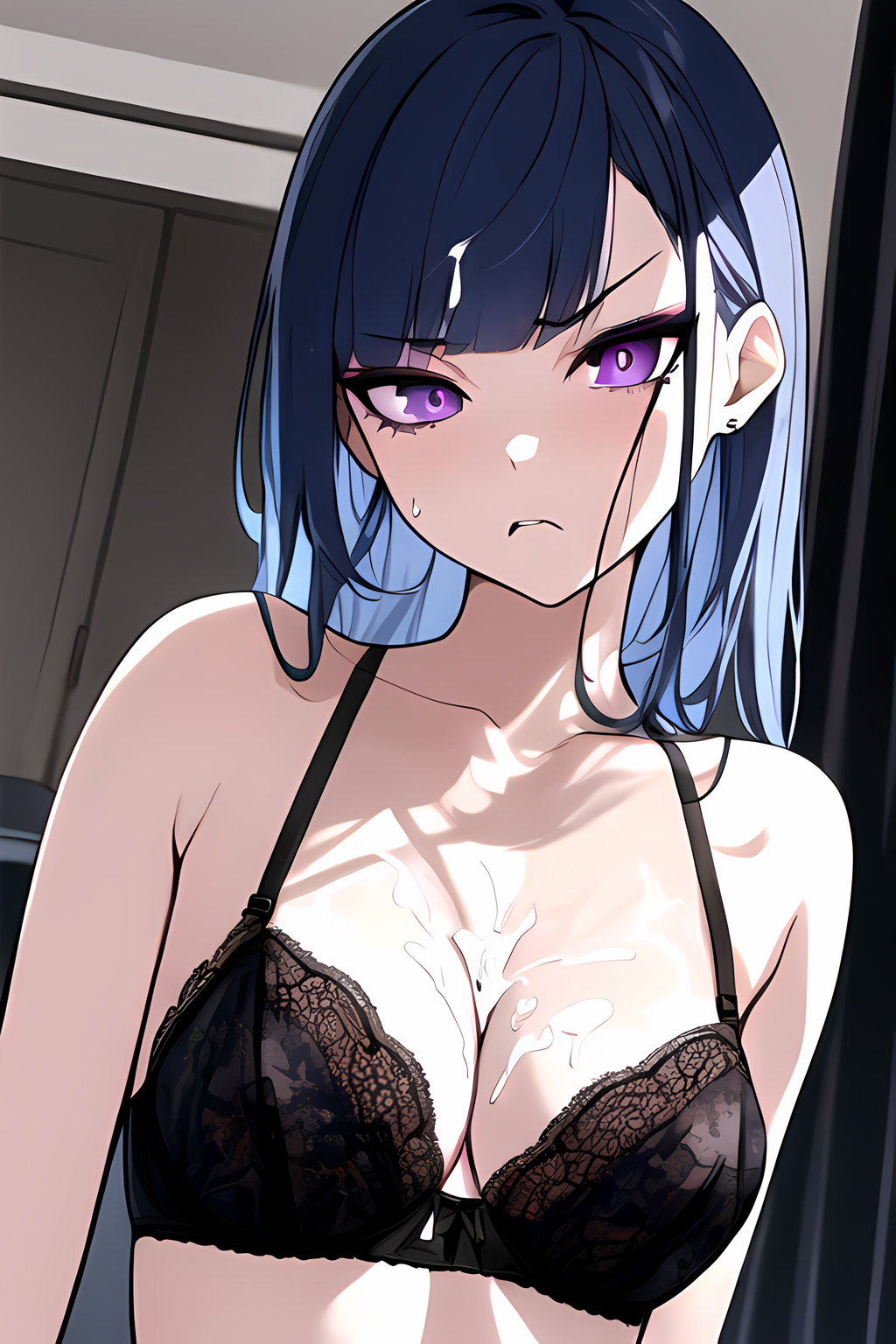 1girls ai_generated annoyed black_lingerie blue_hair cum cum_in_hair cum_on_breasts displeased female frown lingerie looking_at_viewer purple_eyes stable_diffusion