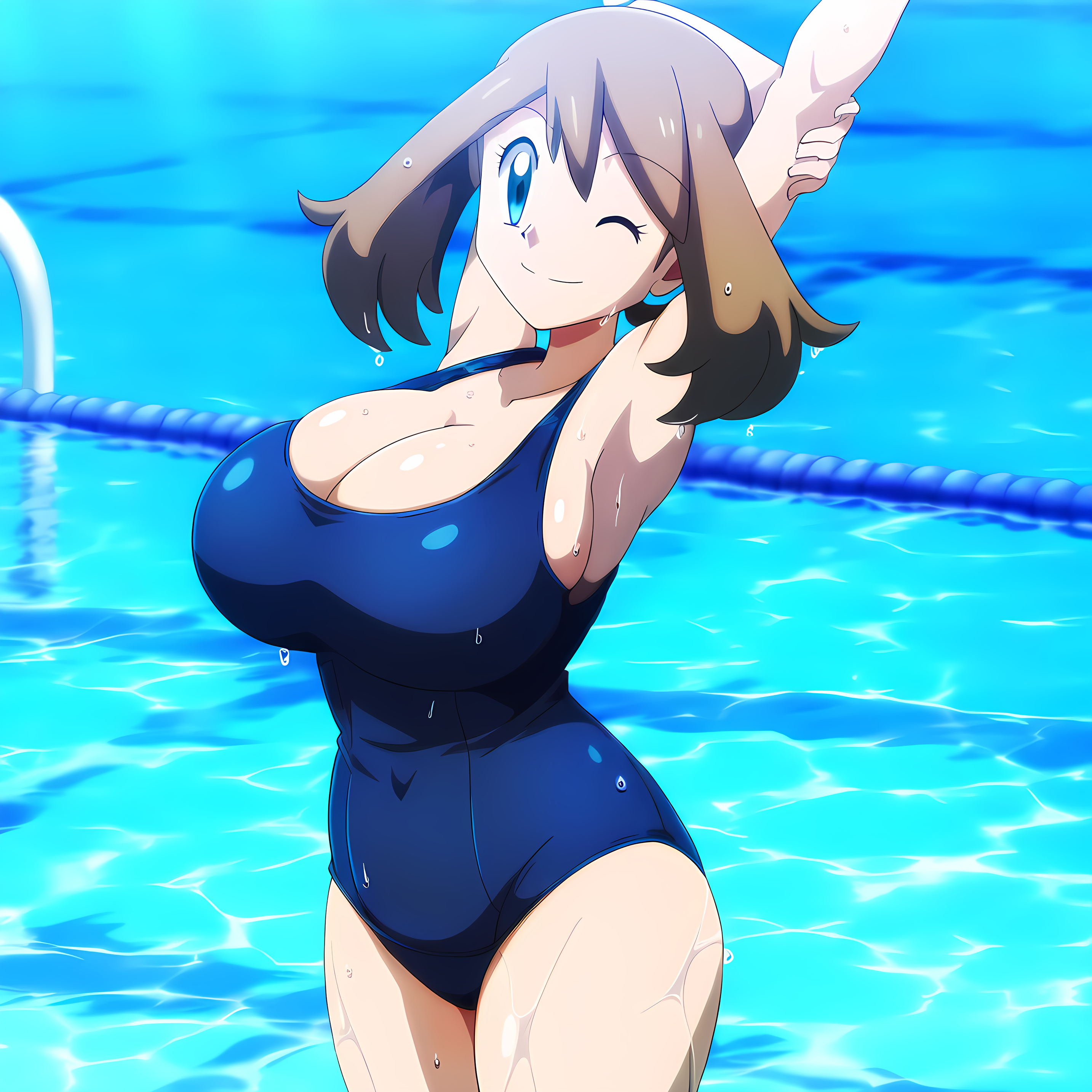 2024, ai generated, arched back, big breasts, blue eyes, breasts, brown hair, cleavage, female, game freak, highres, may (pokemon), mayday (artist), nintendo, one eye closed, one-piece swimsuit, outdoors, pokemon, pokemon (anime), pool, school swimsuit, smile, stretching, water, wet