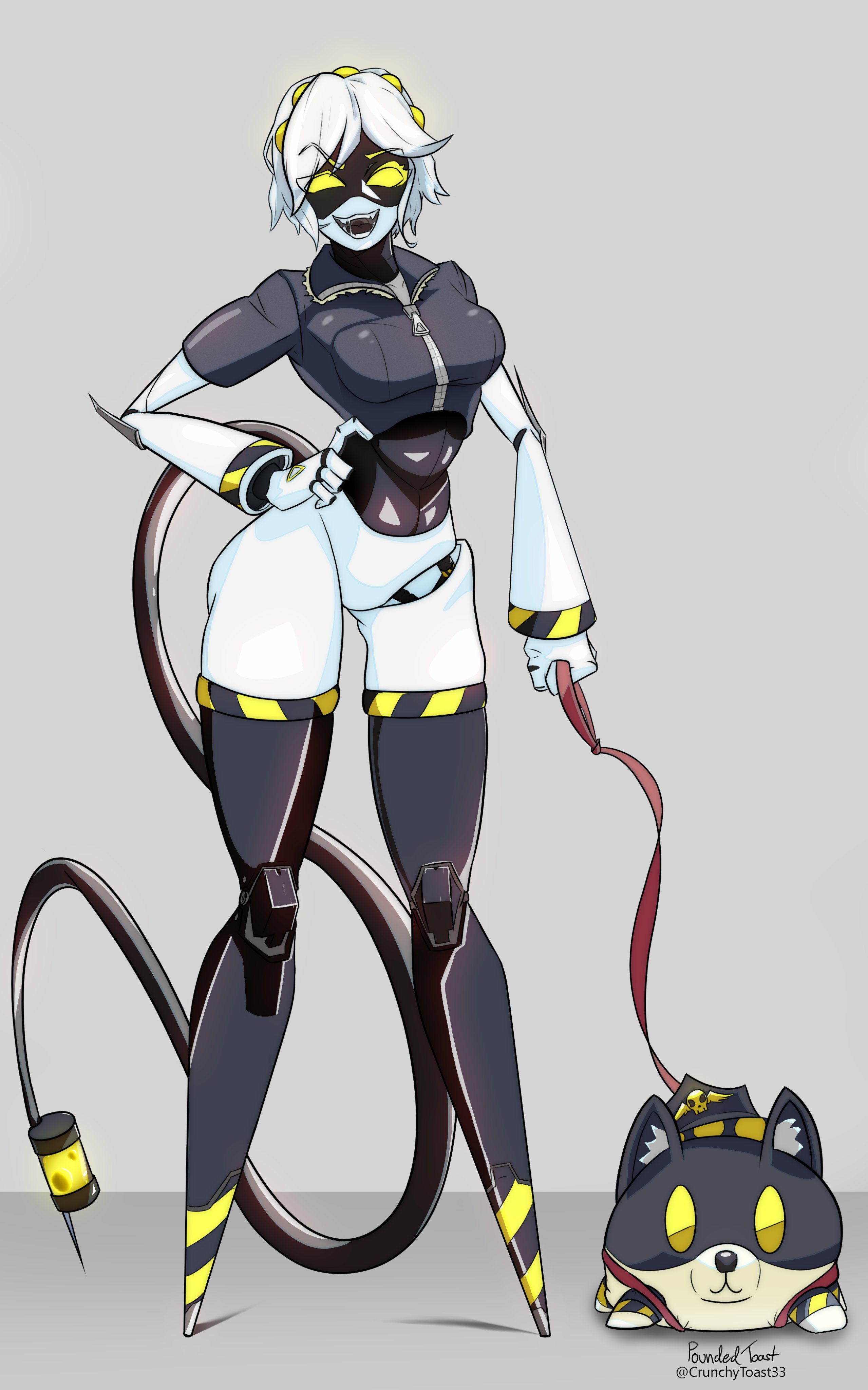 1girls, 2d, breasts, canine, coat, fanart, female, female only, humanoid, metal breasts, metallic body, murder drones, n plushie, no humans, no panties, no pants, plushie, robot, robot girl, robot humanoid, screen face, sharp tail, sharp teeth, short hair, v (murder drones), watermark, white background, white hair, yellow eyes