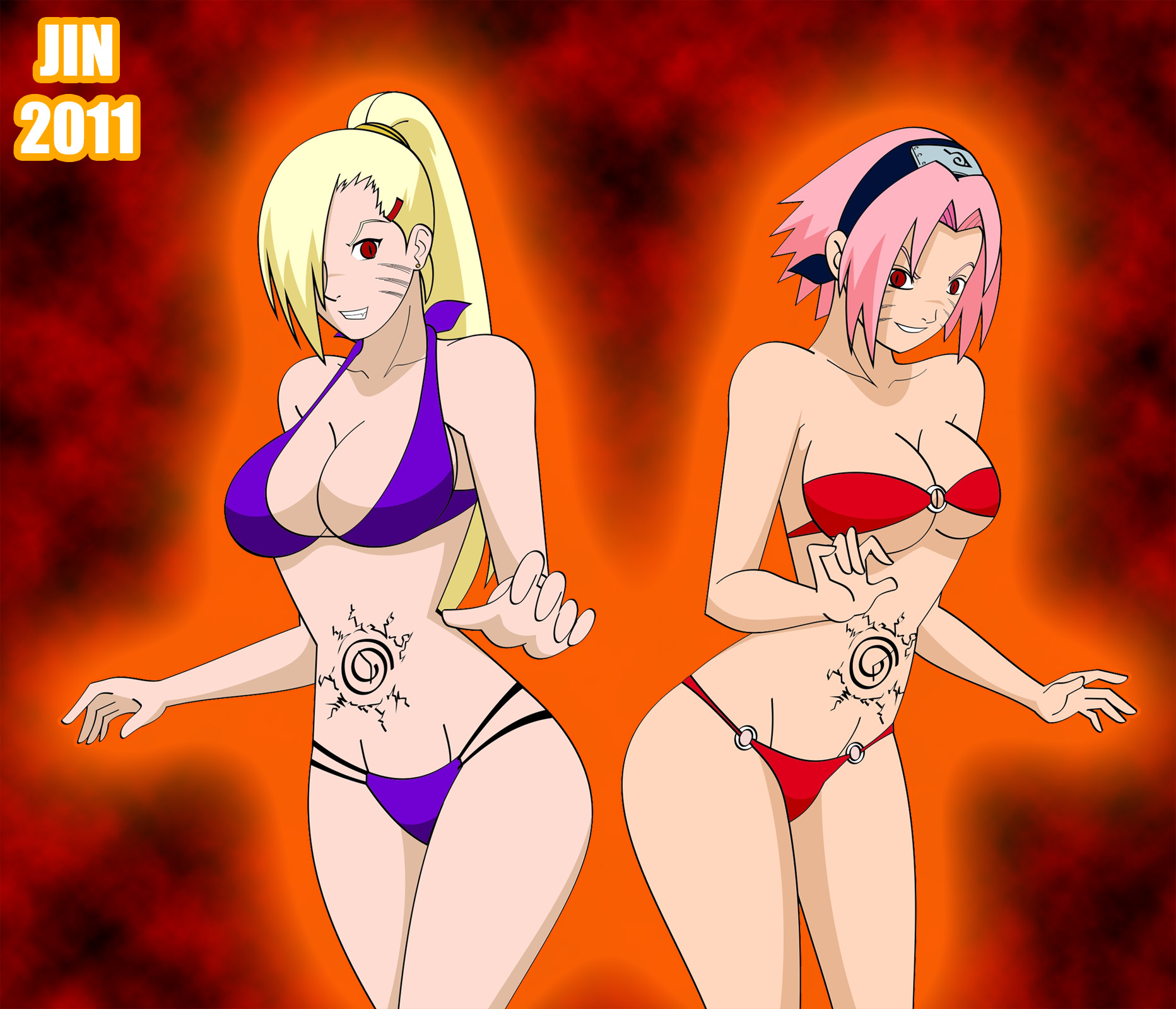 10s, 2010s, 2011, adult swim, bikini, female, female only, human, ino yamanaka, jimryu, multiple females, naruto, naruto (series), sakura haruno, toonami