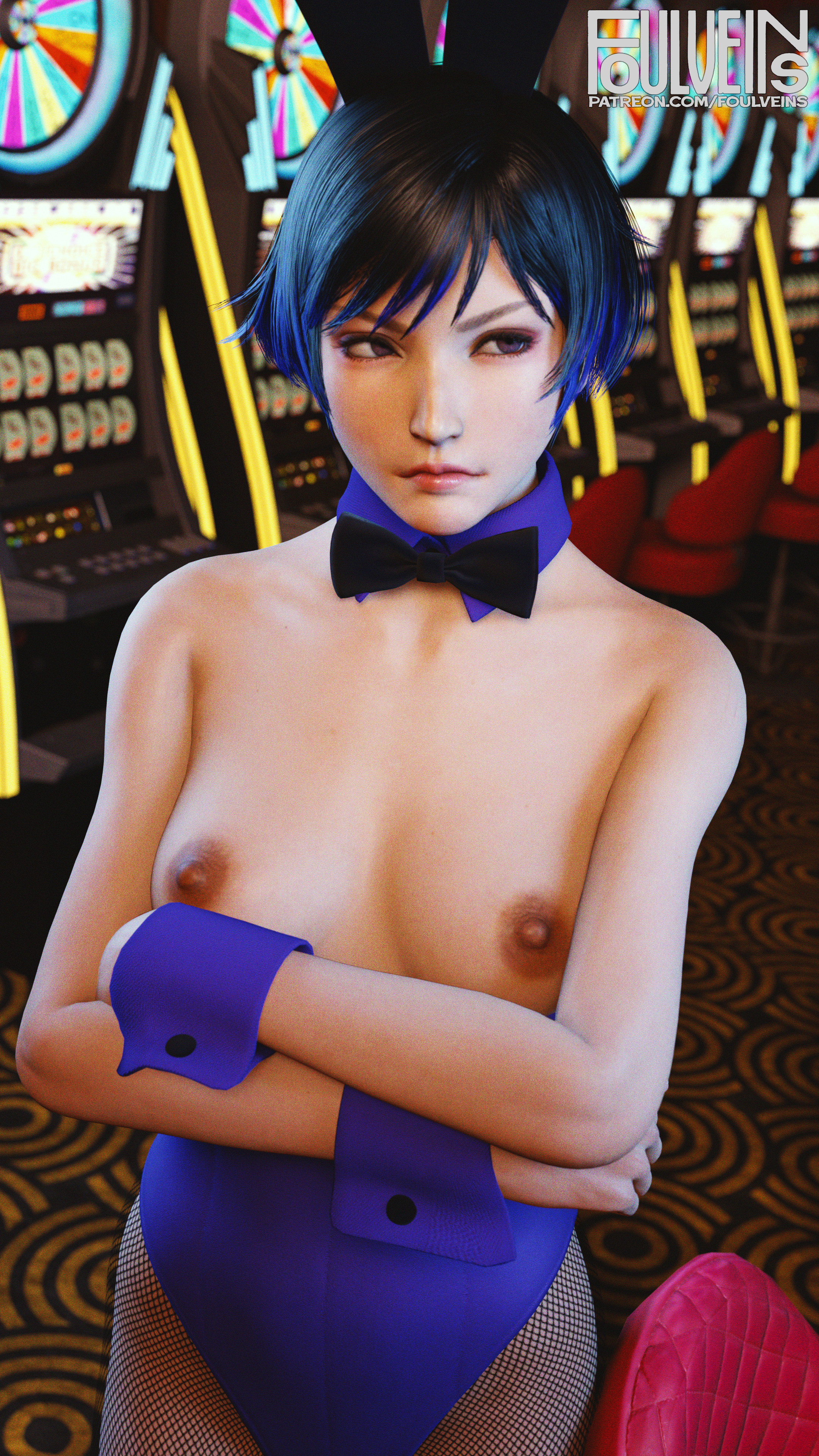 1girls, 3d, 3d (artwork), arms crossed, asian female, black and purple hair, breasts, bunny ears, bunnysuit, casino, detailed background, embarrassed, exposed breasts, female, female focus, female only, foulveins, looking to the side, namco, nipples, purple eyes, reina mishima, short hair, solo, tekken, tekken 8, tomboy