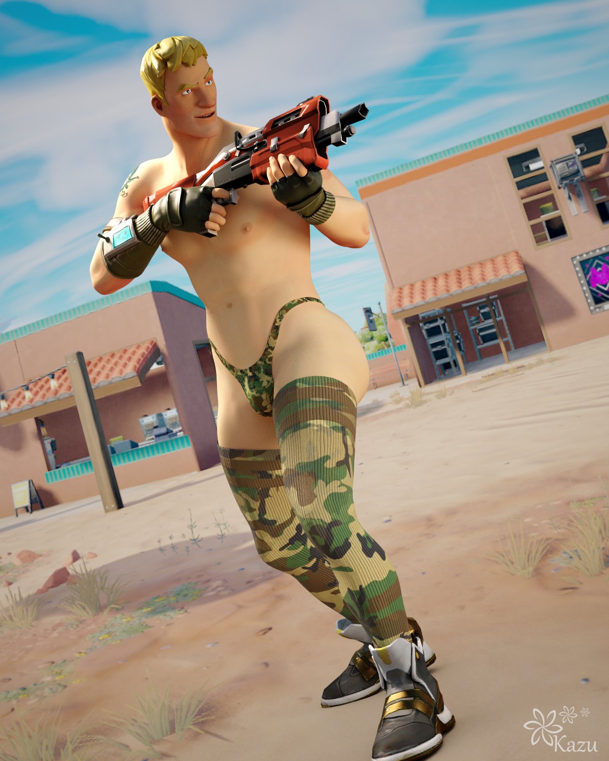 1boy 1human 1male 3d 3d_(artwork) 3d_model blonde_hair blue_eyes camo_bikini day daytime fortnite jonesy_(fortnite) kazuworks light-skinned_male light_skin male_focus male_only masculine muscles muscular muscular_male outdoors pawb pink_nipples scantily_clad shirtless shirtless_male skimpy_outfit sneakers thigh_highs