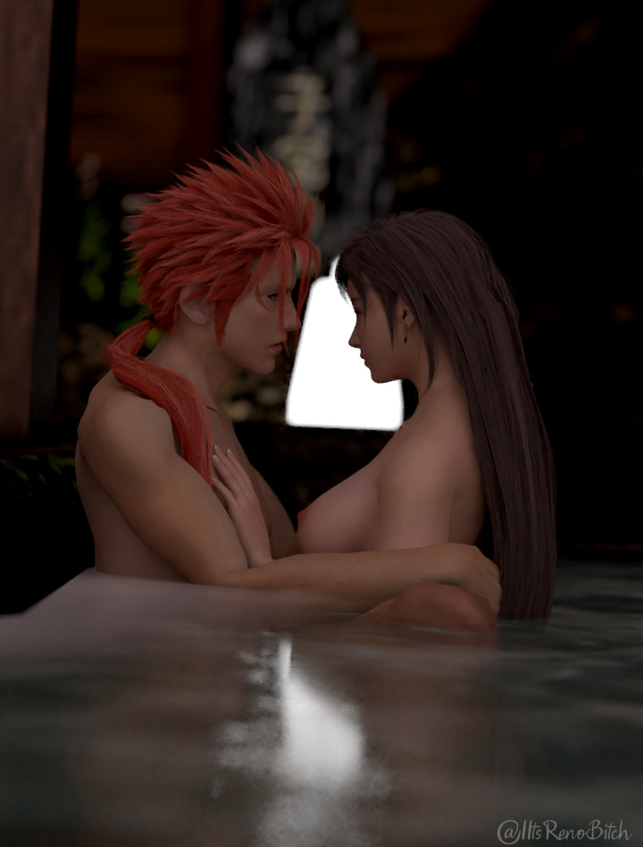 1boy 1girls 3d bathing bathing_together breasts face-to-face female final_fantasy final_fantasy_vii final_fantasy_vii_remake hand_on_chest in_water itsrenobitch light_skin long_hair male male/female mixed_bathing nude nude_female nude_male red_hair reno side_view sideboob spiky_hair straight tifa_lockhart topless topless_female water