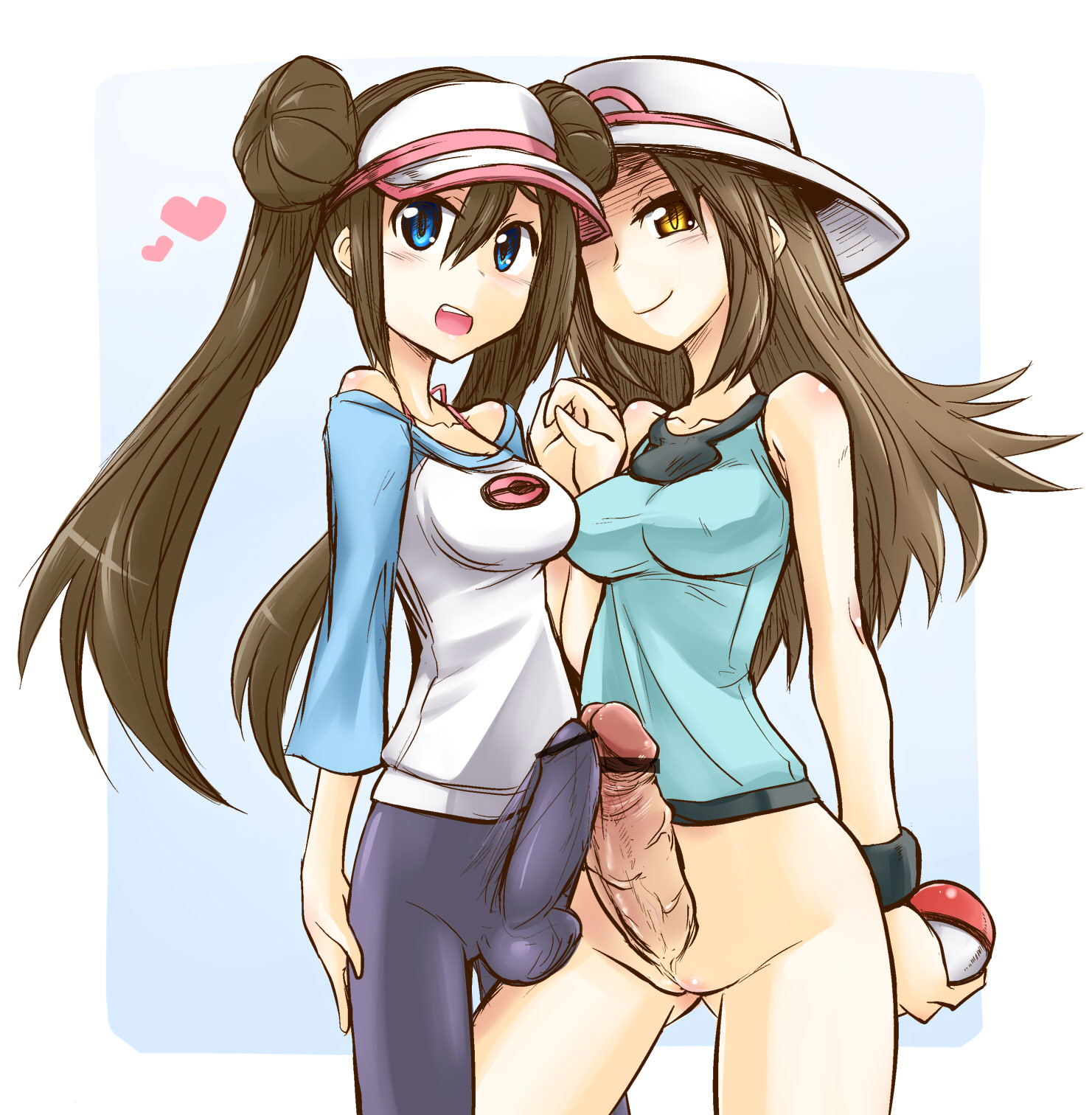2futas, balls, bar censor, bare shoulders, blue eyes, blush, bottomless, breasts, brown hair, bulge, censored, dickgirl, double bun, duo, erection, frottage, frottage through clothing, full-package futa, futa only, futa with futa, futanari, game freak, hand holding, hat, highres, human, human only, intersex, leaf (pokemon), long hair, nintendo, no panties, open mouth, pantyhose, penis, penises touching, pokemon, pokemon bw2, pokemon frlg, pokemon rgby, presenting, rosa (pokemon), smile, techiru, testicles, tied hair, twintails, visor cap, yellow eyes