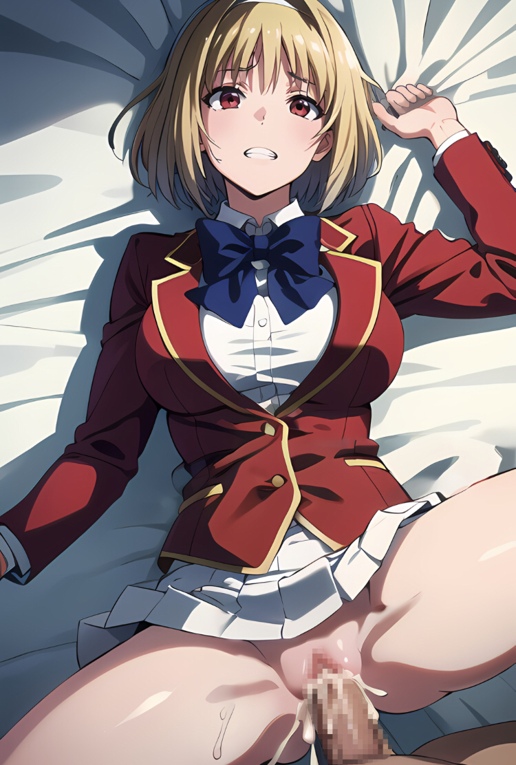 advanced_nurturing_high_school_uniform ai_generated anal_sex blonde_female blonde_hair blue_bow brown_eyes busty_female classroom_of_the_elite clenched_teeth climax_female cum_gushing_out_of_pussy cum_in_pussy kagura kushida_kikyou laying_on_bed legs_apart looking_pleasured lying_on_back missionary_position red_blazer school_uniform schoolgirl spreading vaginal_penetration white_shirt white_skirt