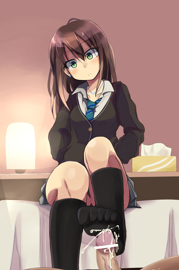 bar censor, black socks, brown hair, cardigan, censored, clothed female, clothed female nude male, comord, cum, cum on socks, cumshot, earrings, ejaculation, feet, female, footjob, footjob with legwear, green eyes, hands in pockets, idolmaster, idolmaster cinderella girls, lamp, long hair, looking at partner, looking down, male, necklace, necktie, no shoes, penis, pleated skirt, school uniform, schoolgirl, sheets, shibuya rin, sitting, skirt, small penis, sockjob, socks, tissue box, veiny penis