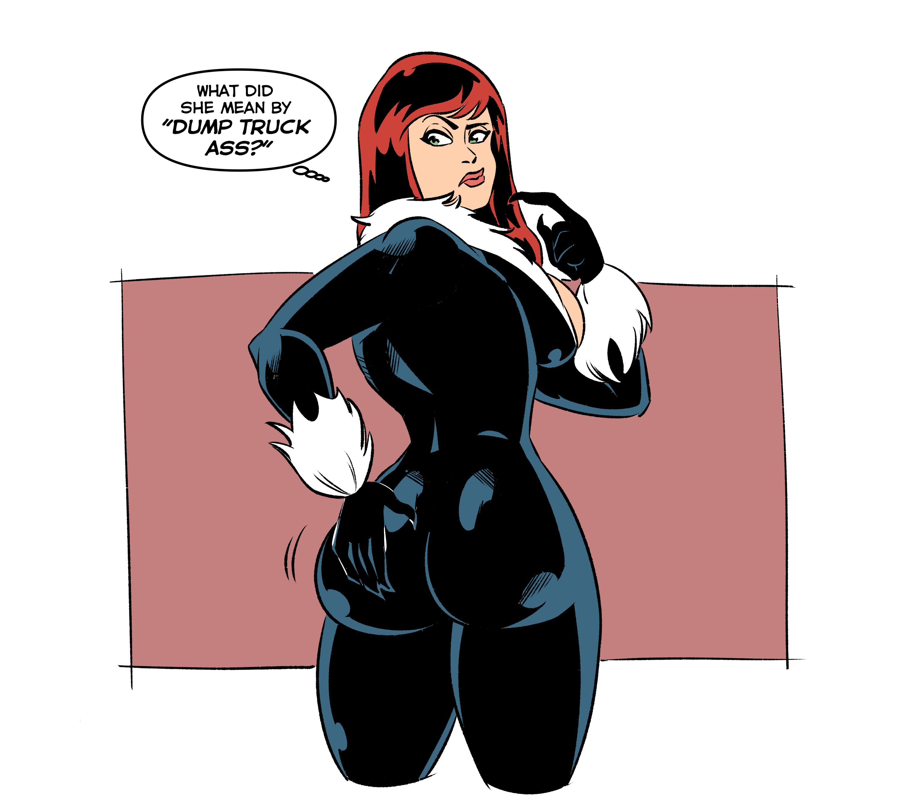 ass, big ass, black cat (cosplay), bubble butt, canonical scene, clueless, confused, confused look, different ass sizes, fat ass, female, glassfish, hand on own ass, marvel, marvel comics, mary jane watson, oblivious, red hair, redhead, thick, thick ass
