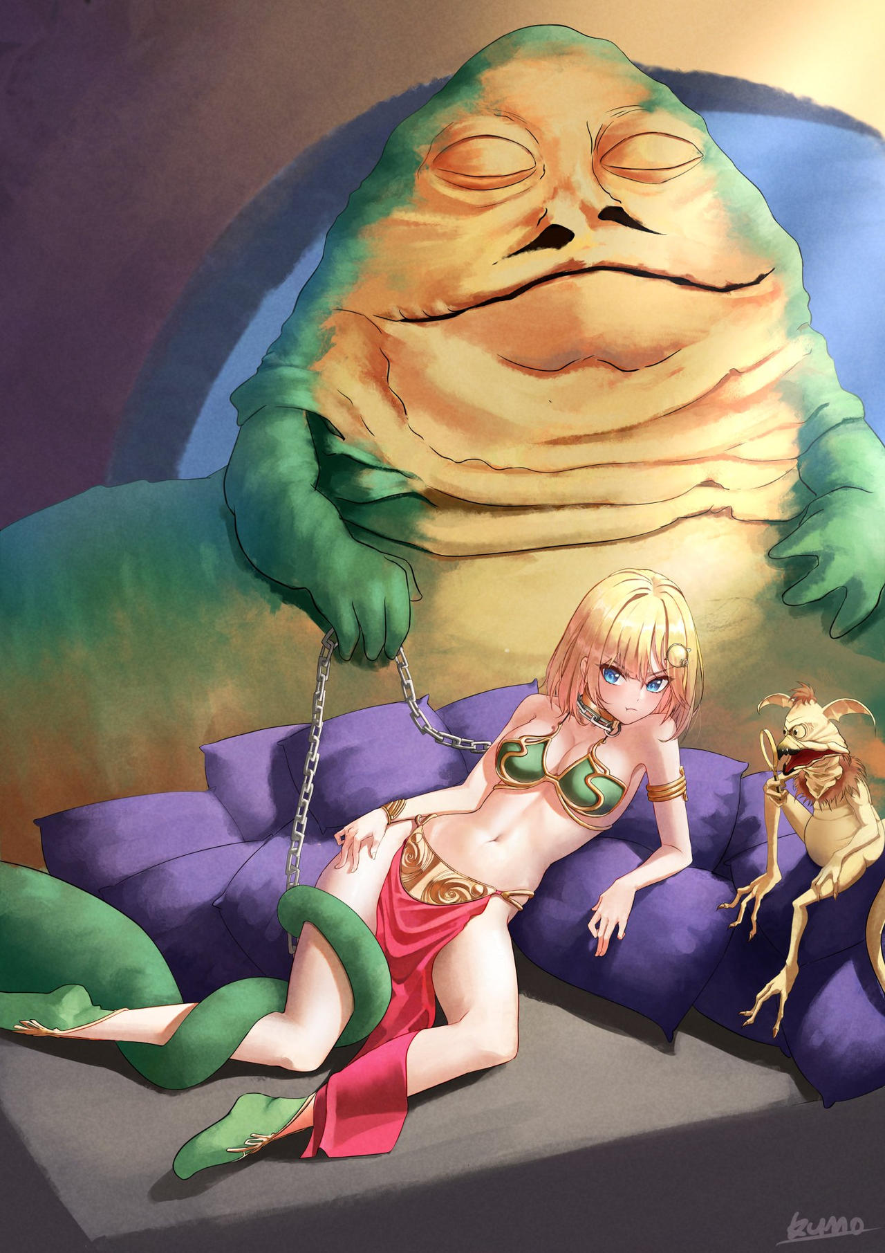 belly_dancer belly_dancer_outfit blonde_hair blue_eyes boots chain_leash chained cleavage harem_girl harem_outfit hololive hololive_english hololive_myth hutt jabba's_palace jabba_the_hutt kumo_(artist) large_breasts loincloth magnifying_glass pout salacious_crumb short_hair slave slave_bikini slave_collar slave_leia_(cosplay) slave_outfit slavegirl star_wars virtual_youtuber watson_amelia