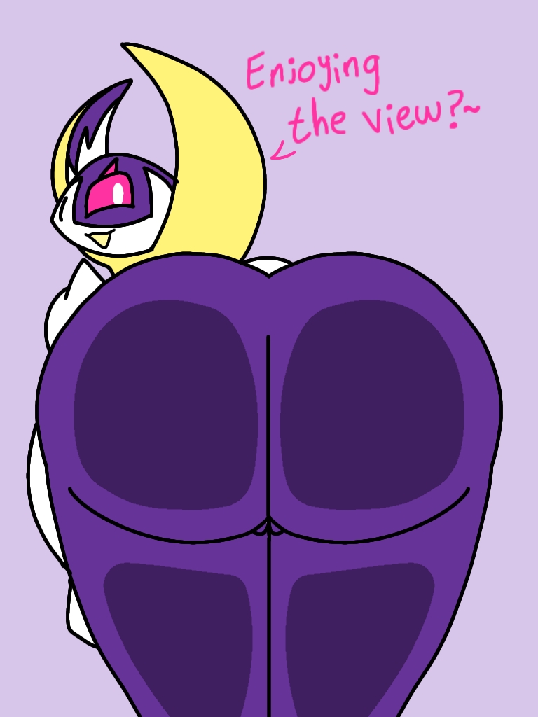 anthro anthrofied ass bat big_butt butt_focus digital_media_(artwork) enderbendr female generation_7_pokemon genitals legendary_pokemon looking_at_viewer looking_back luna_(endrslendr) lunala mammal nintendo pokemon pokemon_(species) presenting rear_view simple_background smile solo text thick_thighs