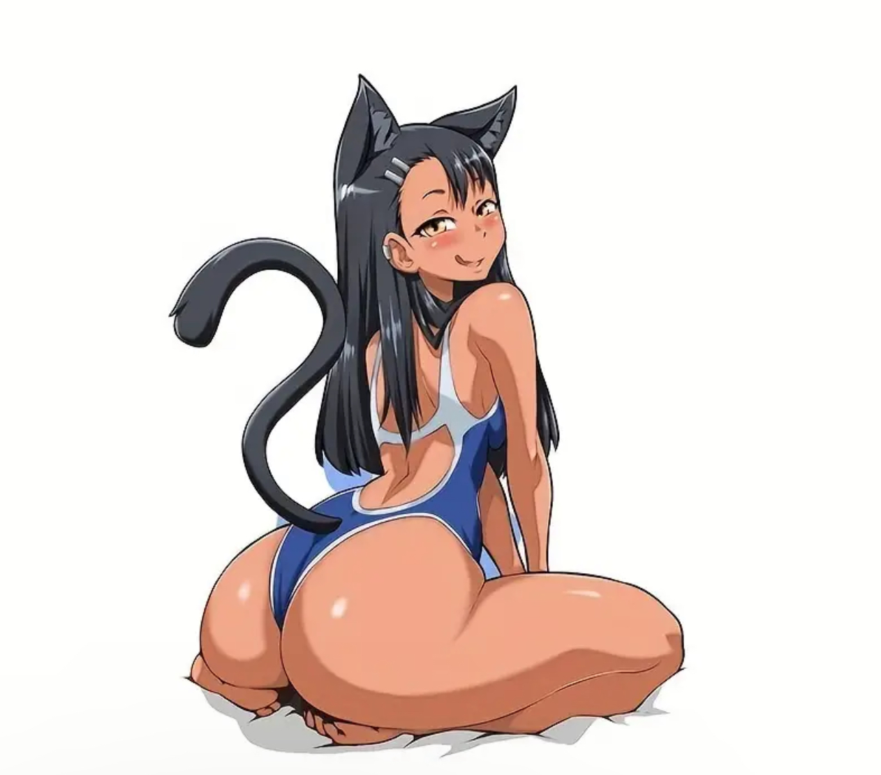 1girls, animal ears, animal tail, artist request, ass, ass focus, big ass, black hair, blushing, brown eyes, cat ears, cat girl, cat tail, female, female only, hayase nagatoro, licking lips, long hair, looking at viewer, naughty face, one-piece swimsuit, please don't bully me, nagatoro, simple background, sitting, solo, swimsuit, tan, tan-skinned female, tanned, white background