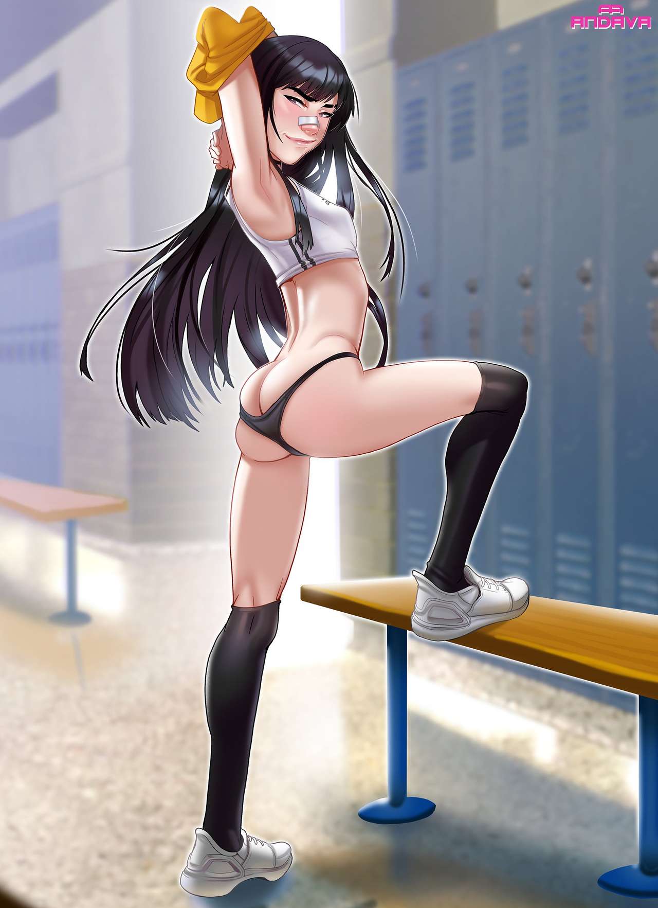 andava andavaverse arms_behind_head arms_up ass black_hair butt_crack choker female kneesocks long_hair na-na_kim posing posing_for_the_viewer small_breasts solo sports_uniform tennis_shoes thong undressing