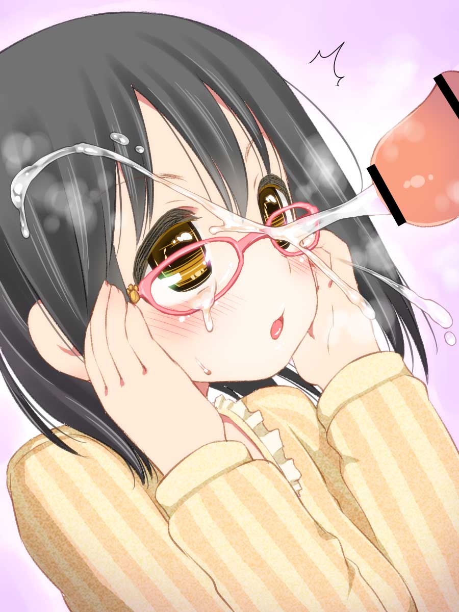 adjusting_glasses black_hair blush censored closed_eyes cum cum_on_glasses cum_on_hair face facial glasses highres idolmaster idolmaster_cinderella_girls kamijou_haruna open_mouth orange_eyes penis short_hair solo surprised suzune_rai sweatdrop sweater tongue