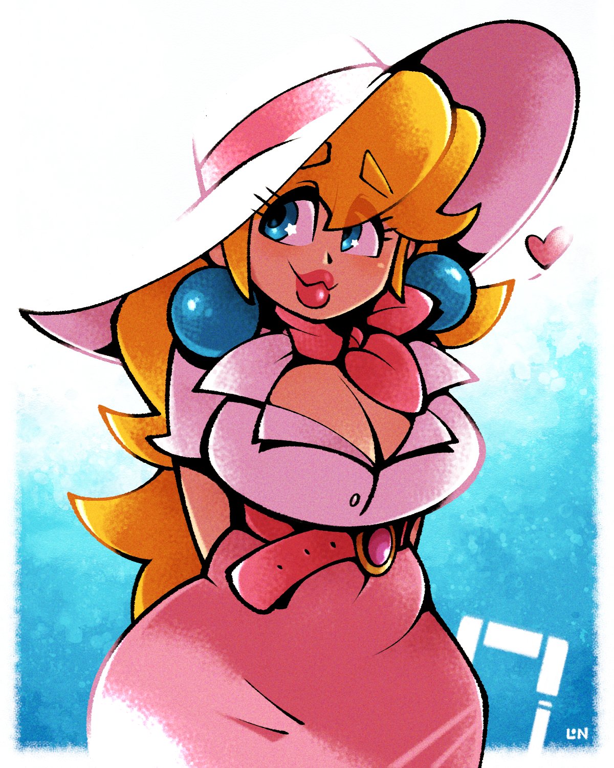 1girls, belt, blonde hair, blue eyes, breasts, coat, curvy, female, legendofnerd, long hair, mario (series), midi skirt, pink midi skirt, princess peach, princess peach (vacation), solo, super mario odyssey, wide hips
