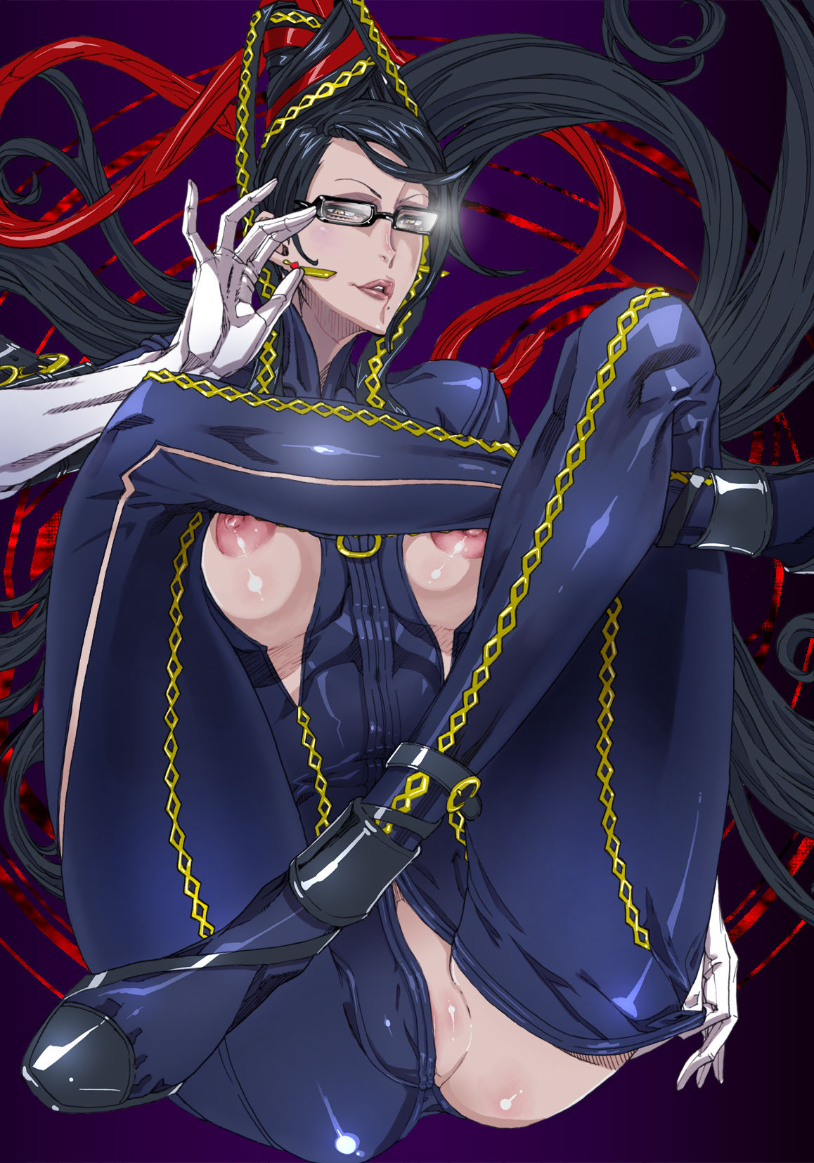 bayonetta bayonetta_(character) black_hair breastless_clothes breasts brown_eyes erect_nipples glasses hair highres large_breasts lips long_hair mole pussy sega uncensored witch zunta