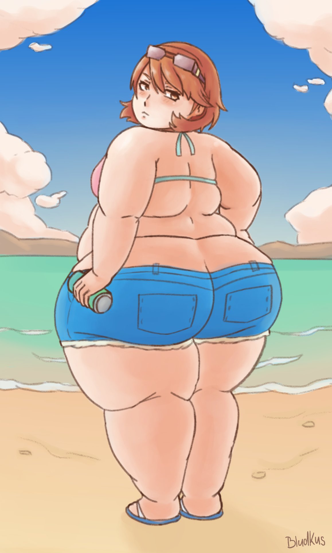 1girls ass ass_cleavage bbw beach big_ass bludkus brown_eyes brown_hair butt_crack chubby clothed fat female looking_at_viewer looking_back overweight persona persona_3 shorts tagme thick_thighs yukari_takeba