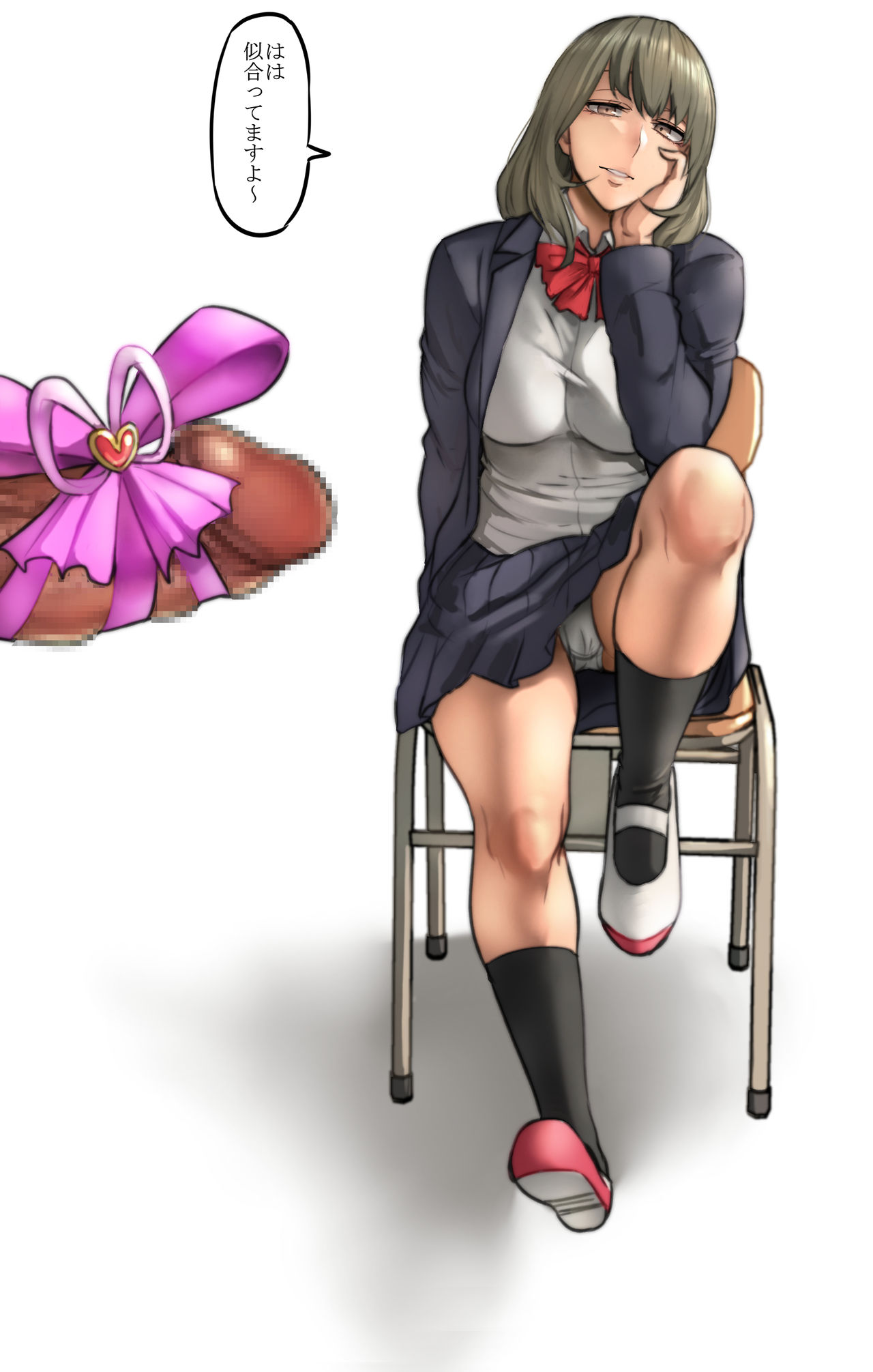 1boy, 1girls, 2021, absurd res, black hair, black socks, bow, bowtie, breasts, brown eyes, censored, chair, clothed, clothing, erection, female, fully clothed, gift wrapped, glans, hand on face, head tilt, heart, highres, humiliation, jacket, japanese text, jewelry, knee socks, kneehighs, kneesocks, large breasts, looking at another, looking at penis, male, miniskirt, open clothes, open jacket, original, panties, pantyshot, pantyshot (sitting), partial male, penis, pepe (jonasan), pink ribbon, pleated skirt, ribbon, school uniform, shadow, shoes, simple background, sitting, skirt, smile, socks, socks and shoes, speech bubble, teeth, text, thick thighs, thighs, tight clothing, translated, underwear, uniform, upskirt, uwabaki, white background, white panties, white shirt