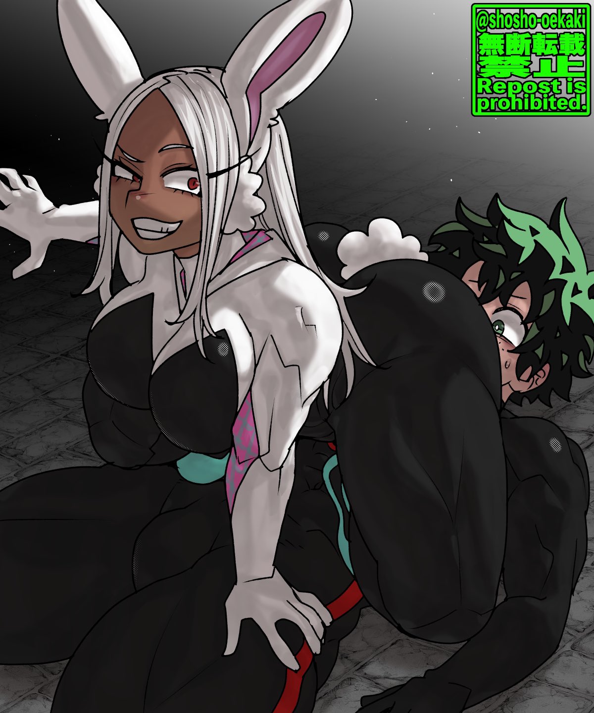 1boy 1girls big_ass big_breasts big_butt bunny_ears bunny_tail cosplay facesitting female green_eyes green_hair izuku_midoriya large_ass large_breasts looking_back male marvel miles_morales_(cosplay) miruko my_hero_academia red_eyes shosho_oekaki sitting sitting_on_face spider-gwen_(cosplay) spider-man:_into_the_spider-verse spider-man_(series) thick_thighs thighs white_hair wide_hips