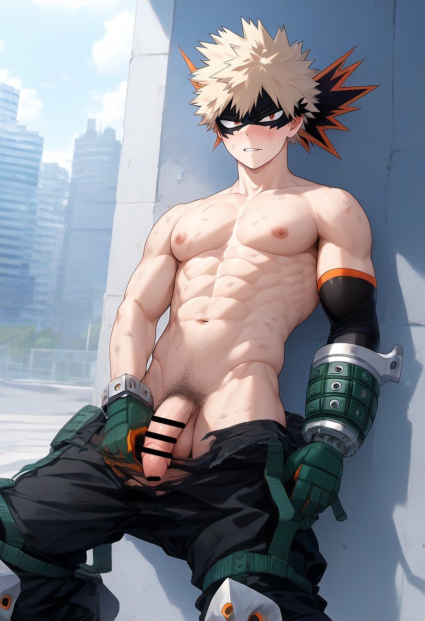 abs belt_unbuckled chest cock_out erect_penis erection gay hard_on hatopo005 hero_outfit_(mha) holding_pants katsuki_bakugou looking_at_viewer male_only my_hero_academia nipples pants_around_thighs pants_down penis penis_out penis_out_of_pants pubic_hair public public_exposure public_nudity ripped_clothing ripped_pants topless