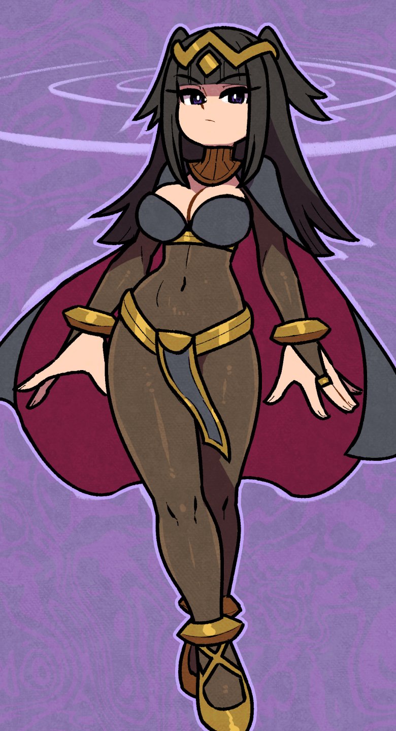 1girls, akairiot, black hair, blunt bangs, bodystocking, bodysuit, bracelet, breasts, bridal gauntlets, cape, circlet, cleavage, covered navel, english commentary, female, female only, fire emblem, fire emblem awakening, full body, highres, jewelry, large breasts, long hair, looking at viewer, nintendo, purple eyes, skin tight, solo, standing, tharja (fire emblem), tiara, two side up, two-tone cape
