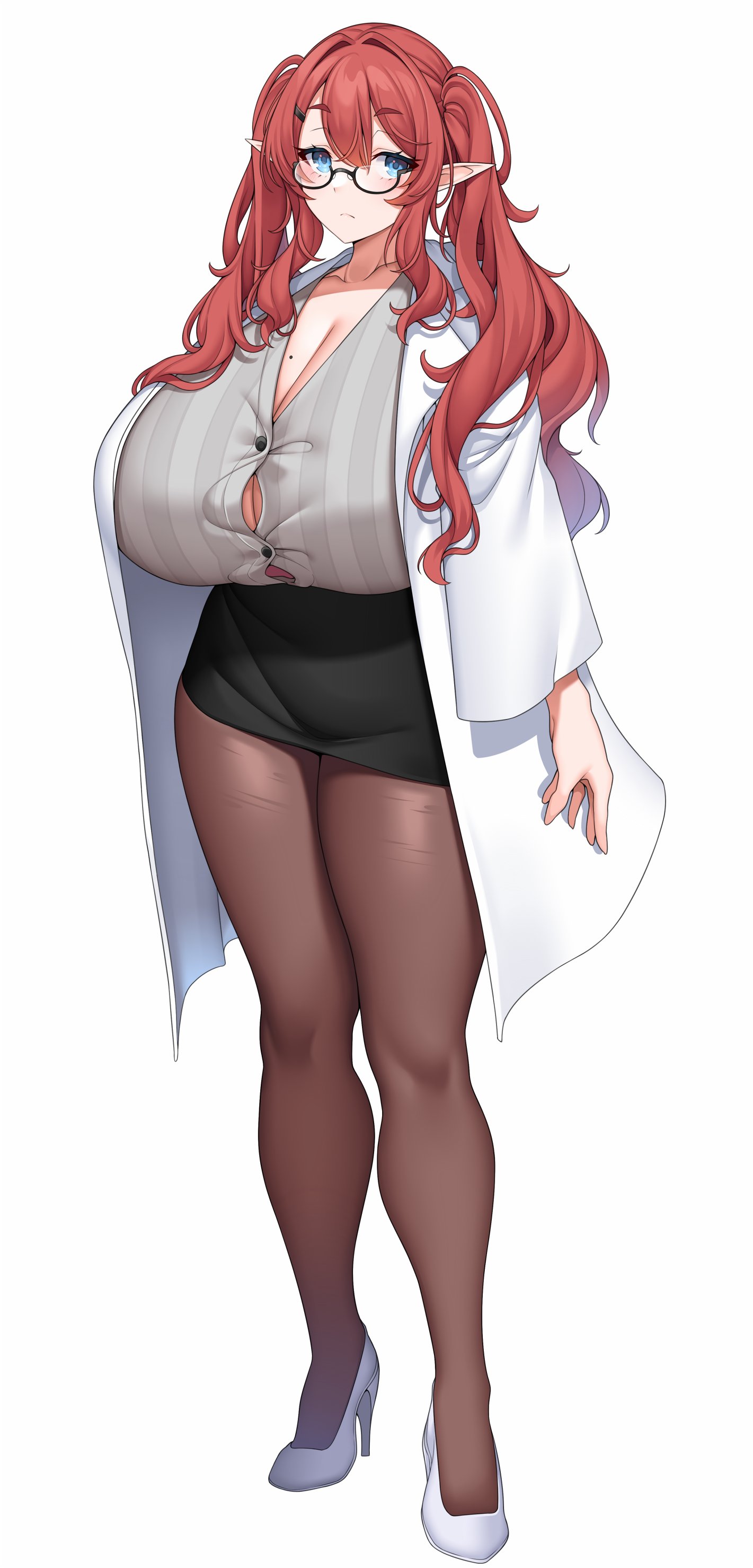 1girls, 2023, blue eyes, breasts, elf, elf ears, elf female, female, female only, glasses, heels, huge breasts, labcoat, long hair, looking at viewer, mole, mole on breast, pantyhose, red hair, solo, suruga (xsurugax), twintails, very high resolution, white background