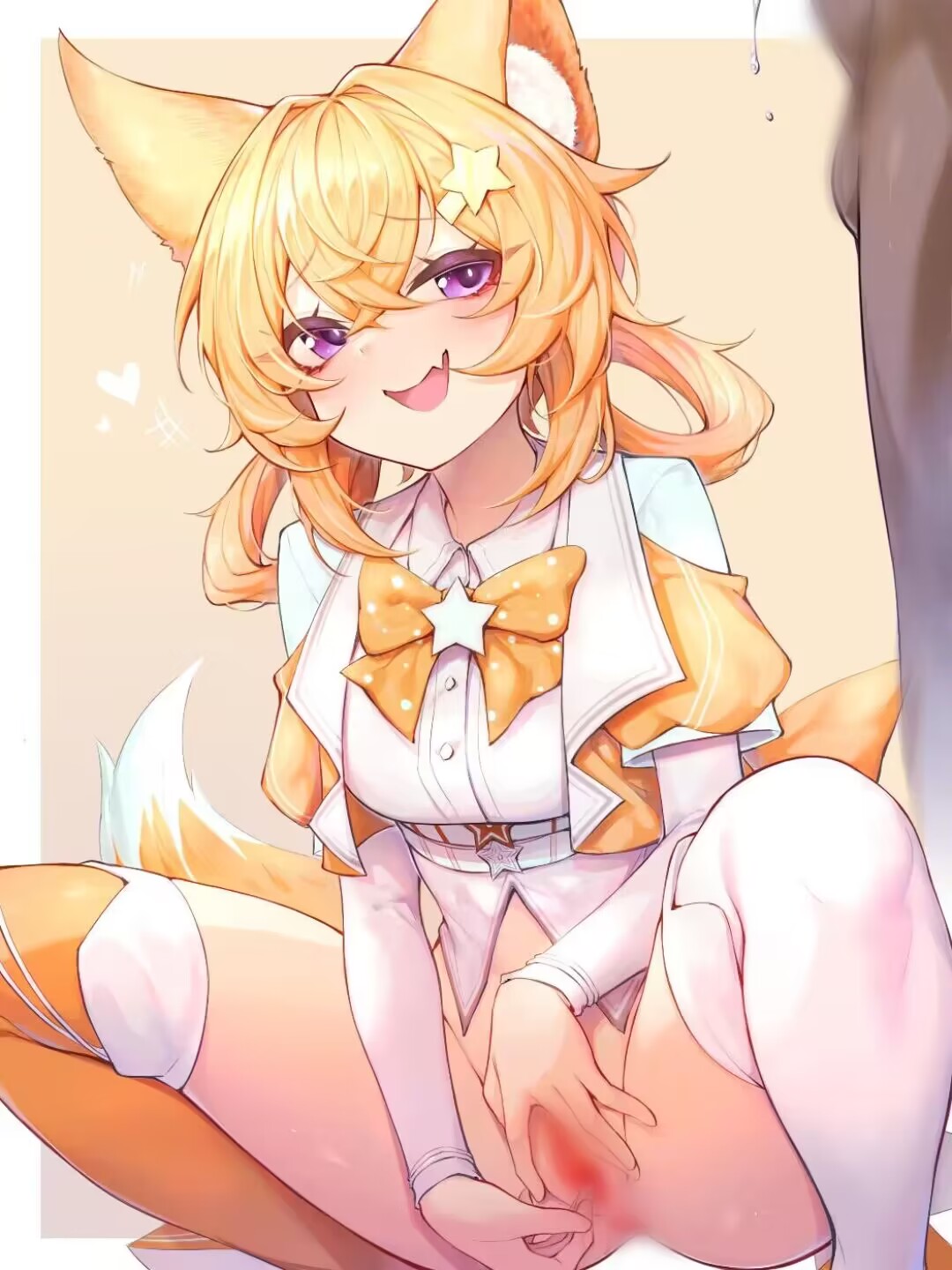 1boy animal_ear_fluff animal_ears asymmetrical_legwear blur_censor censored character_request commentary_request copyright_request dark-skinned_male dark_skin female highres kupa_(jesterwii) mismatched_legwear orange_hair orange_thighhighs penis purple_eyes short_hair solo_focus squatting testicles thighhighs virtual_youtuber white_thighhighs