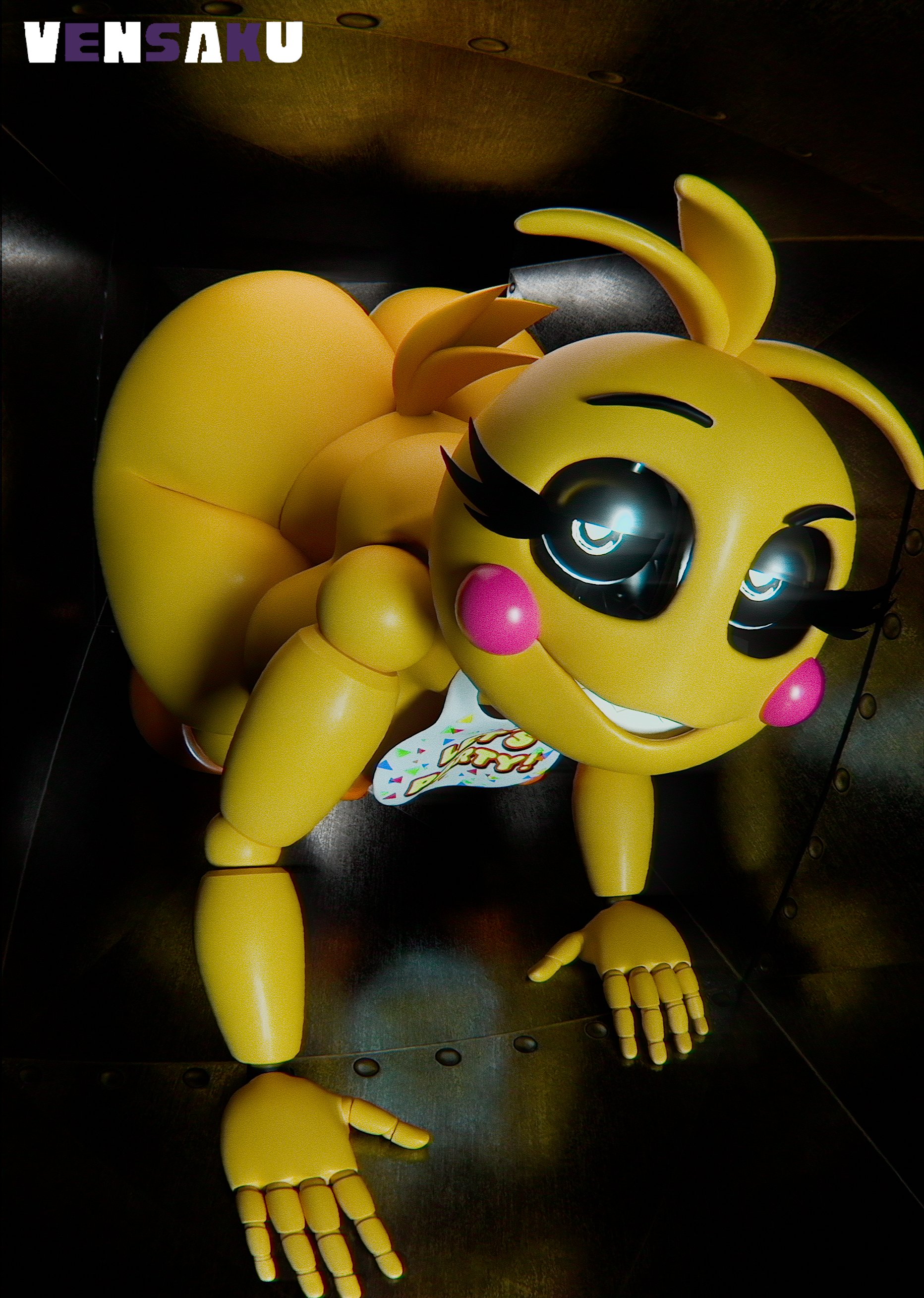 1girls, animatronic, animatronic female, bib, bib only, female, female only, five nights at freddy's, five nights at freddy's 2, functionally nude, functionally nude female, heart eyes, heart-shaped pupils, inside vent, nude, nude female, robot, robot girl, solo, solo female, toy chica (fnaf), toy chica (love taste), vensaku, vent, ventilation shaft