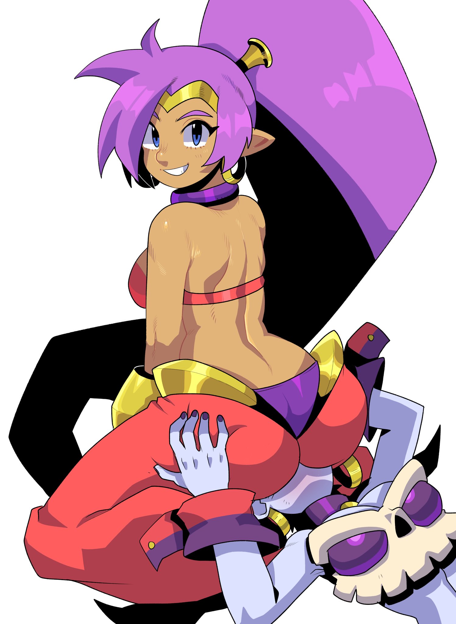 2020s, 2d, 2d (artwork), 2girls, ass, big ass, big breasts, big butt, big thighs, blue eyes, breasts, brown skin, ear piercing, earrings, facesitting, female, female only, forced, forced facesitting, forced yuri, huge ass, huge butt, jewelry, looking at viewer, looking pleasured, multiple females, multiple girls, pony tail, ponytail, purple hair, purple skin, risky boots, shantae, shantae (character), shiny ass, shiny breasts, shiny butt, shiny hair, shiny skin, tavomx, thighs, voice actor connection