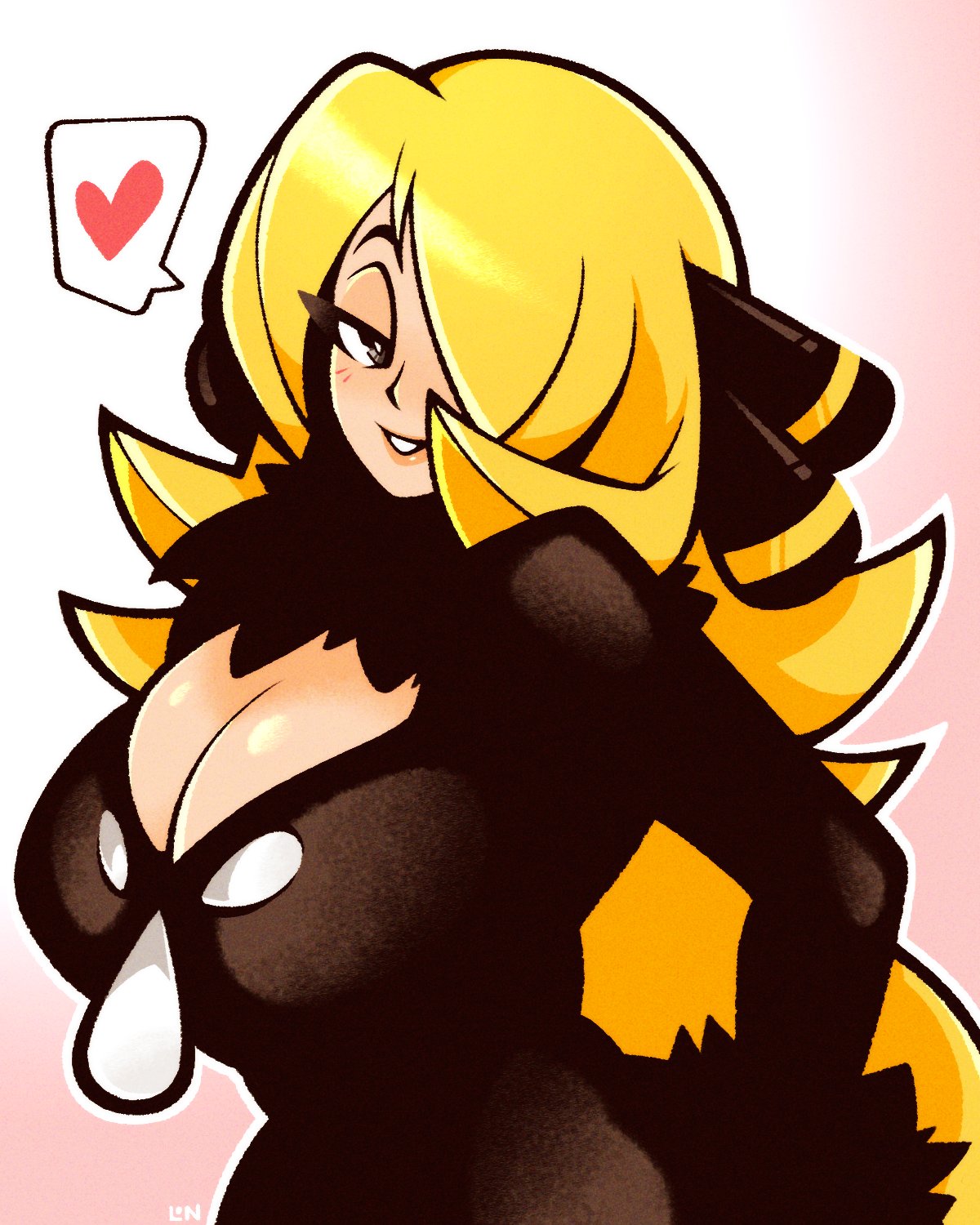 big breasts, blonde hair, breasts, cleavage, cynthia (pokemon), female, game freak, large breasts, legendofnerd, looking at viewer, nintendo, pokemon, solo, yellow eyes