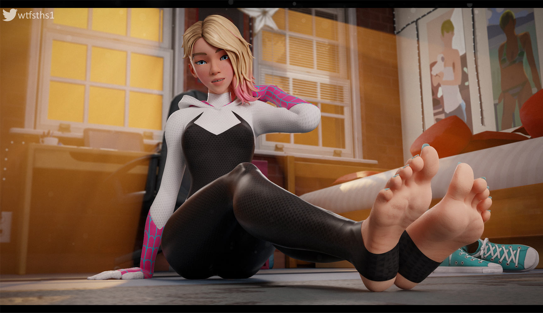 1girls, 3d, 3d (artwork), accurate art style, barefoot, big feet, blender, blonde hair, blue eyes, blue toenails, eyebrow piercing, feet, feet together, female, foot fetish, foot focus, gwen stacy, gwen stacy (spider-verse), light skin, light-skinned female, light-skinned male, long legs, long toes, looking at viewer, male, marvel, marvel comics, multicolored hair, no penetration, no sex, petite, petite body, shoes, shoes removed, short hair, sneakers, soles, solo, solo female, spider-gwen, spider-man (series), spider-man: across the spider-verse, spider-man: into the spider-verse, stirrup legwear, superhero, superhero costume, superheroine, teenage female, teenager, toenail polish, toenails, white body, wtfsths