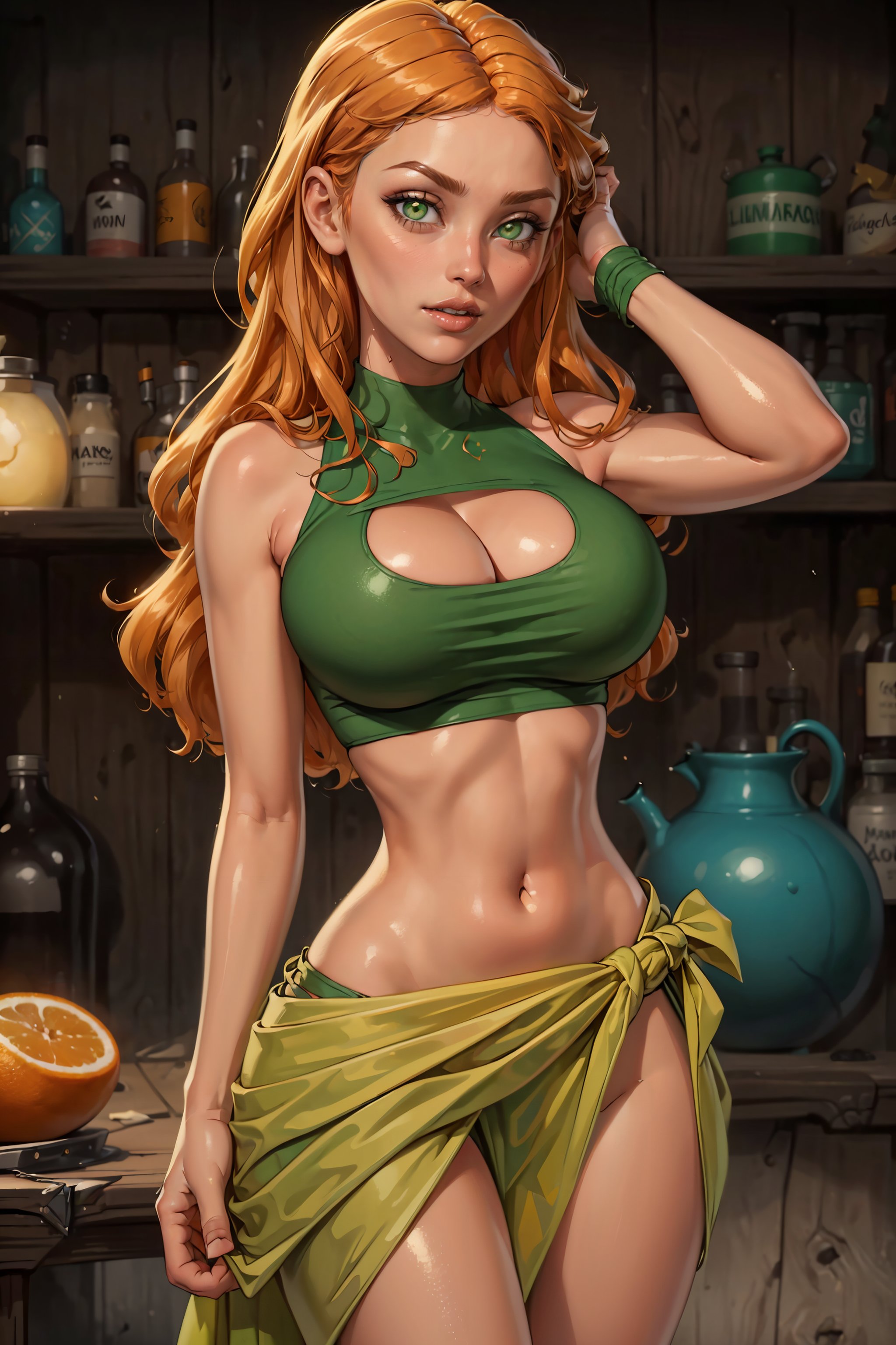 1girls, 2d, ai generated, big breasts, breasts, cleavage, clothed female, female, female focus, female only, green eyes, izzy (tdi), league69, orange hair, sagging breasts, thighs, total drama island