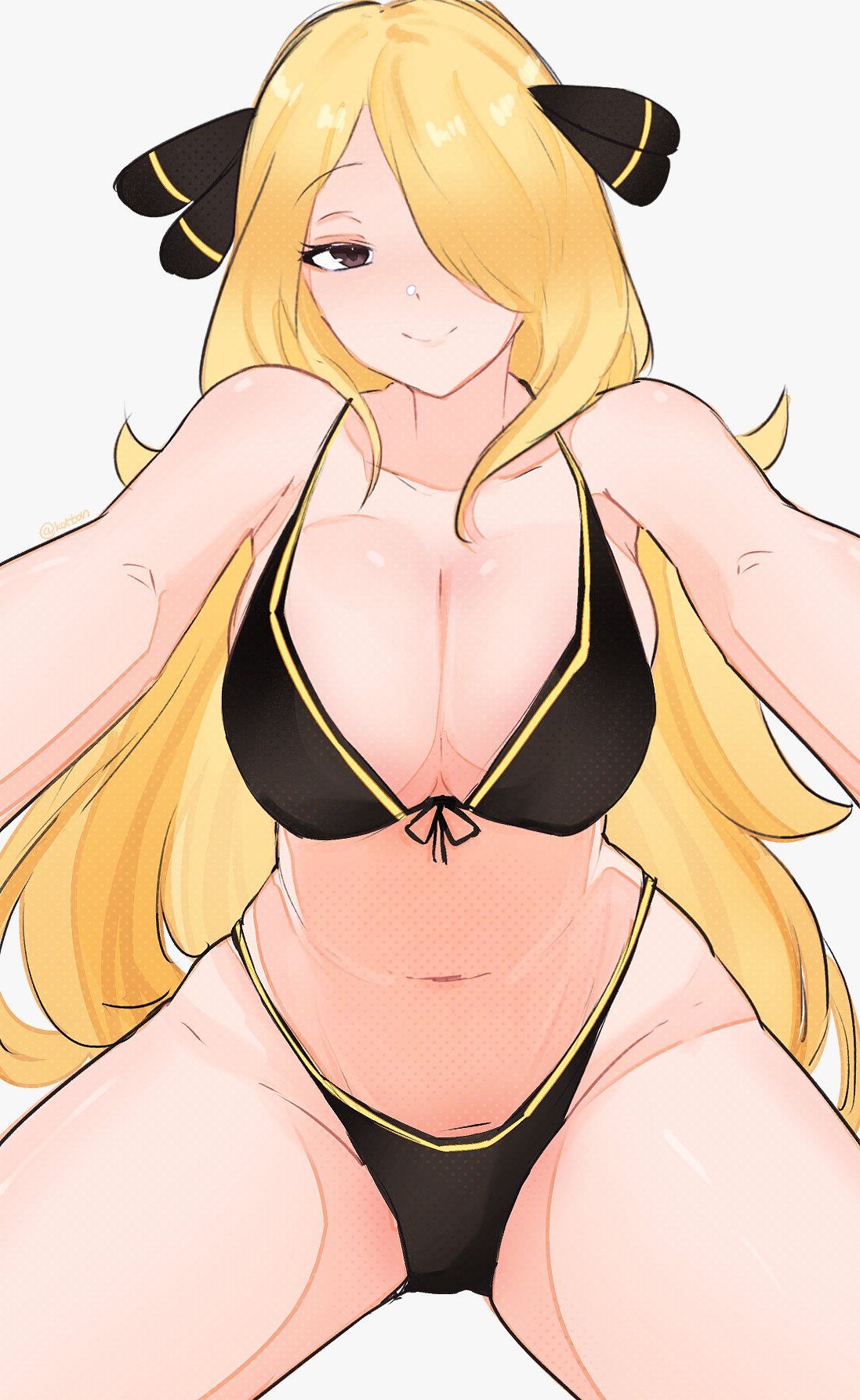 1girls 2024 bikini blonde_hair breasts cleavage cynthia_(pokemon) female female_only grey_eyes hair_ornament hair_over_one_eye highres large_breasts light-skinned_female light_skin long_hair looking_at_viewer nintendo pokemon pokemon_dppt serafineart1001 smile solo white_background