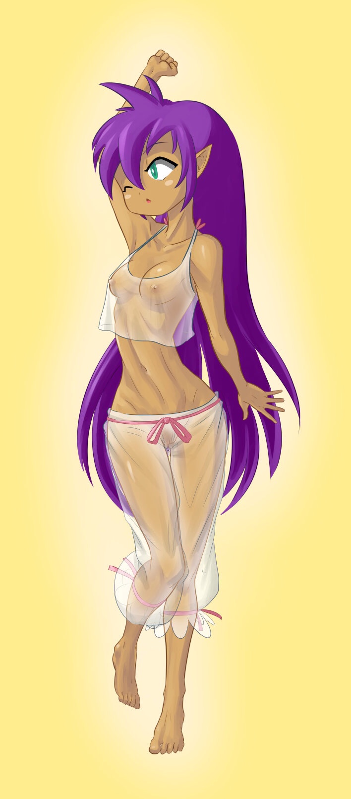 1girls, blue eyes, brown skin, female, female only, nipples, pointy ears, purple hair, see-through, shantae, shantae (character), sheer, smooth skin, solo, stretching