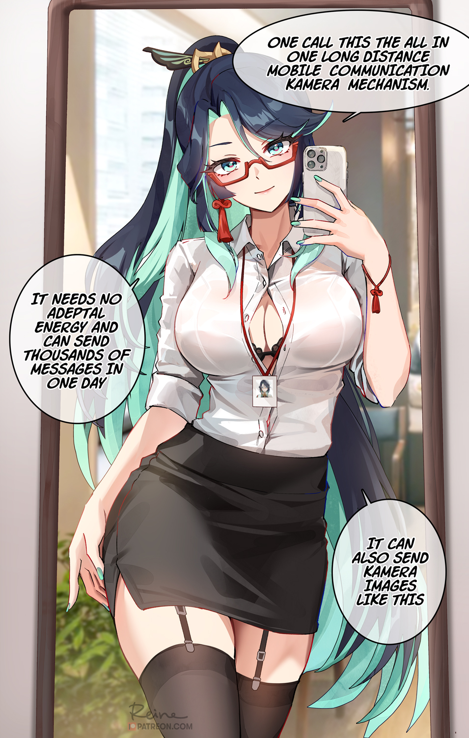 1girls alternate_version_available busty dialogue english_text female female_only foxy_rain_(foxyreine) foxyrain_(foxyreine) foxyreine garter_straps genshin_impact glasses large_breasts mature_female milf mirror_selfie multicolored_hair office_lady selfie skirt solo thighhighs very_long_hair xianyun_(genshin_impact)