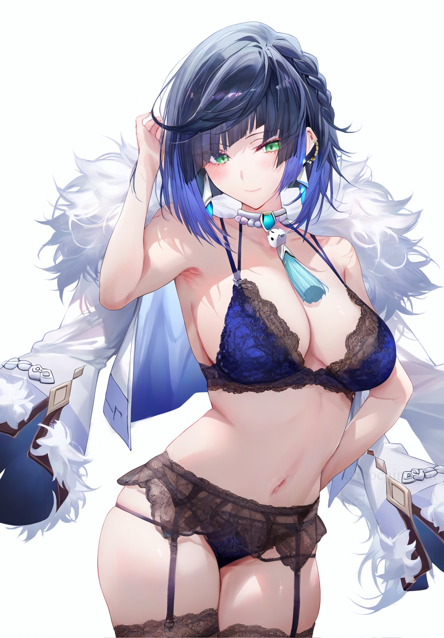 ai generated, blue hair, female, fur, genshin impact, lingerie, panties, short hair, solo female, thighhighs, yelan (genshin impact)